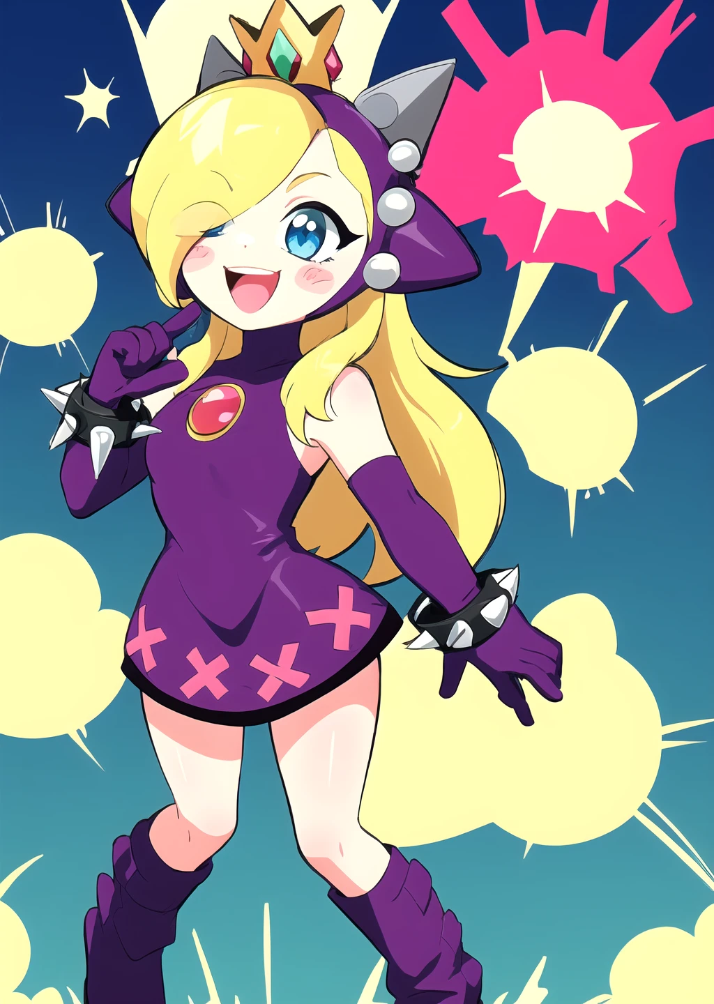 <lora:GoodHands-beta2:1> 1girl, <lora:Walpeach-10:0.8> walpeach, purple dress, purple gloves, boots, purple footwear, spiked bracelet, purple headgear,
blush stickers, outdoors, hair over one eye, blue eyes, happy, petite, explosion,
<lora:AetherionV2:0.8>