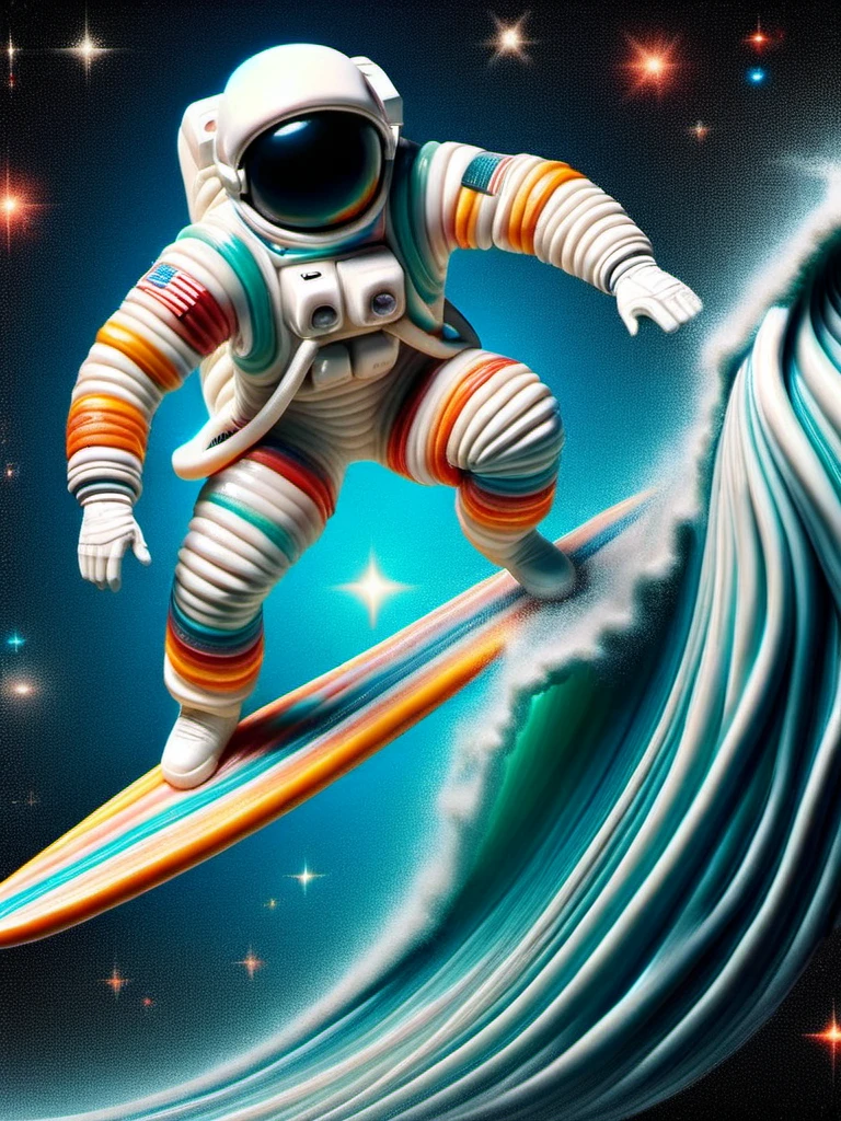 (masterpiece, best quality),1 man, a handsome astronaut dressed in a ral-toothp, surfs bravely on a powerful wave made of nebulae and stars against the background of the night sky, close view, dynamic pose <lora:ral-toothp-sdxl:1>