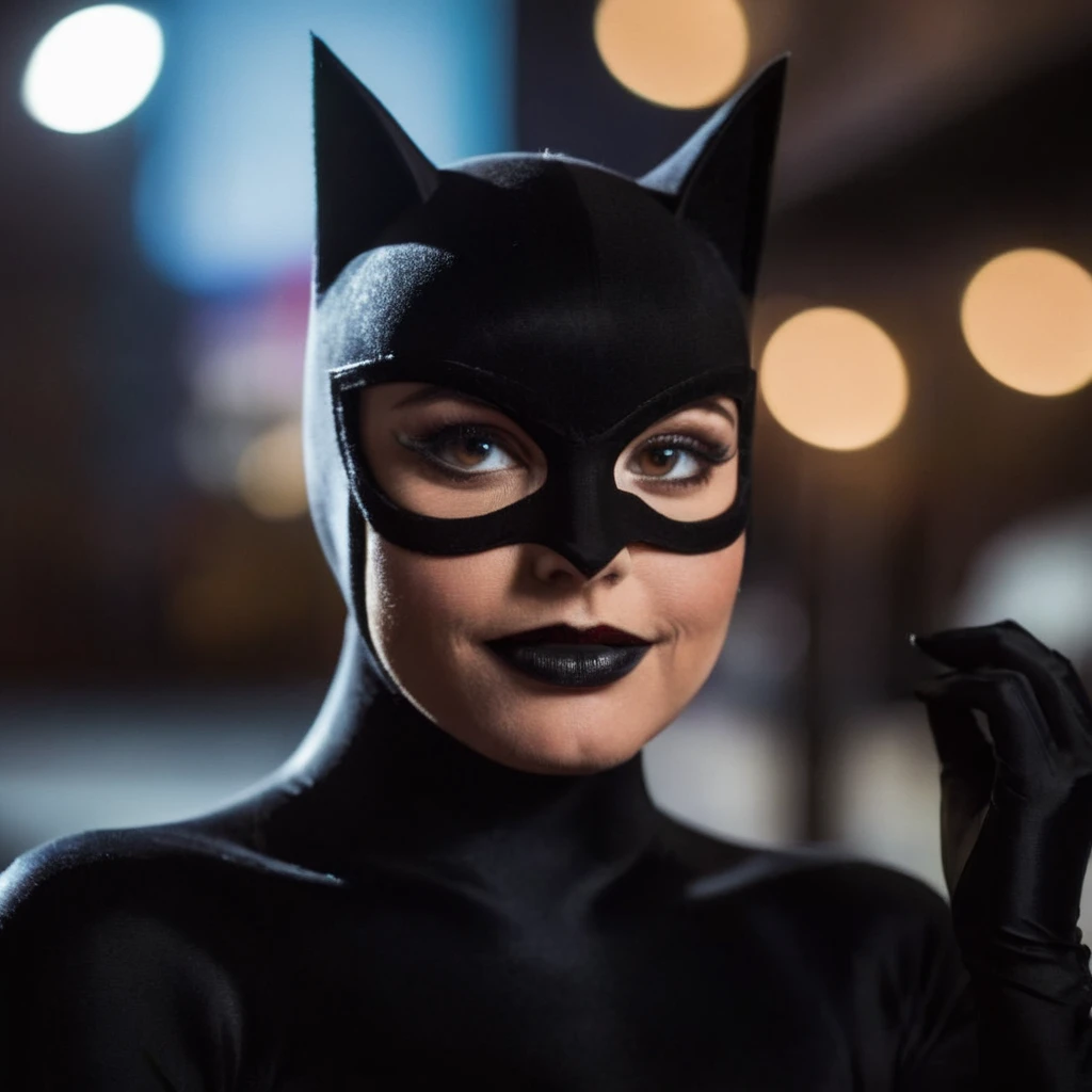 cinematic film still of <lora:Batman The Animated Series Style:1.2>
In Gotham City a close up of a person wearing a black cat mask Batman The Animated Series Style, shallow depth of field, vignette, highly detailed, high budget, bokeh, cinemascope, moody, epic, gorgeous, film grain, grainy