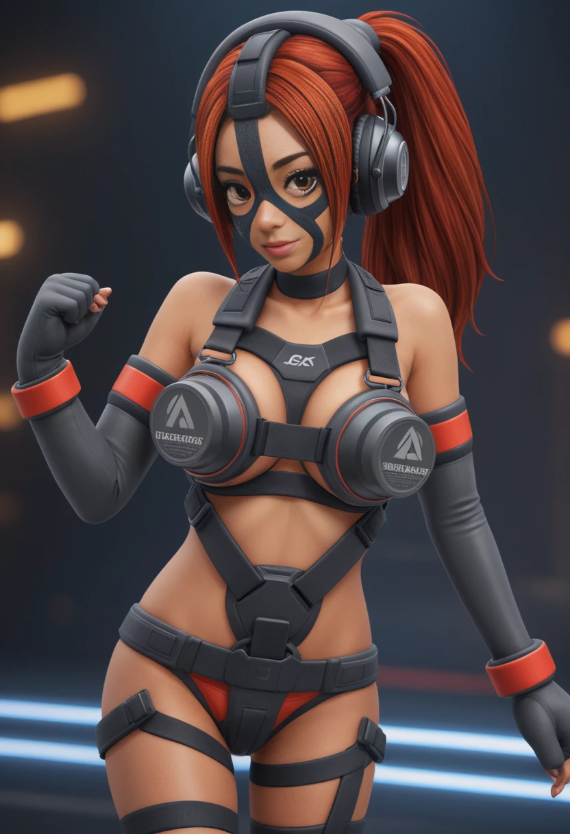 all in one, photo, 2d, 3d, anime, game, photorealistic, cinematic, design, base (masterpiece, best quality, ultra_detailed, highres, absurdres:1.2), Pretty 1girl, speakini, multicolor medium hair, (red hair:1.3), (dark skin:1.5), (slight smile:0.8), (mask:0.75), face straps, bra, bare shoulders, wristbands, dark gray elbow gloves, dark gray thighhighs, fingerless gloves, neck choker, vibrator, harness, headphones, cybernetics, looking at viewer, rave party, dancing, running, dynamic pose, solo, alone, cartoon style, bokeh, ((volumetric, rim) lighting:1.3), (full body:1.5), <lora:speakini_xl-gen1-v1.2-000143:0.425>