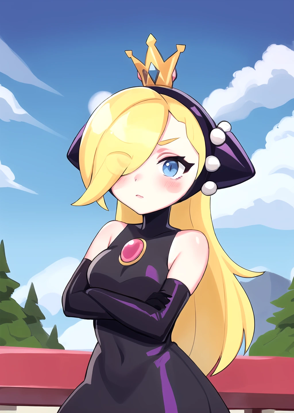 <lora:GoodHands-beta2:1> 1girl, <lora:Walpeach-10:0.8> walpeach, black dress, purple gloves, black headgear, elbow gloves,
blush stickers, outdoors, hair over one eye, crossed arms,
<lora:kruth666-08:0.6>
