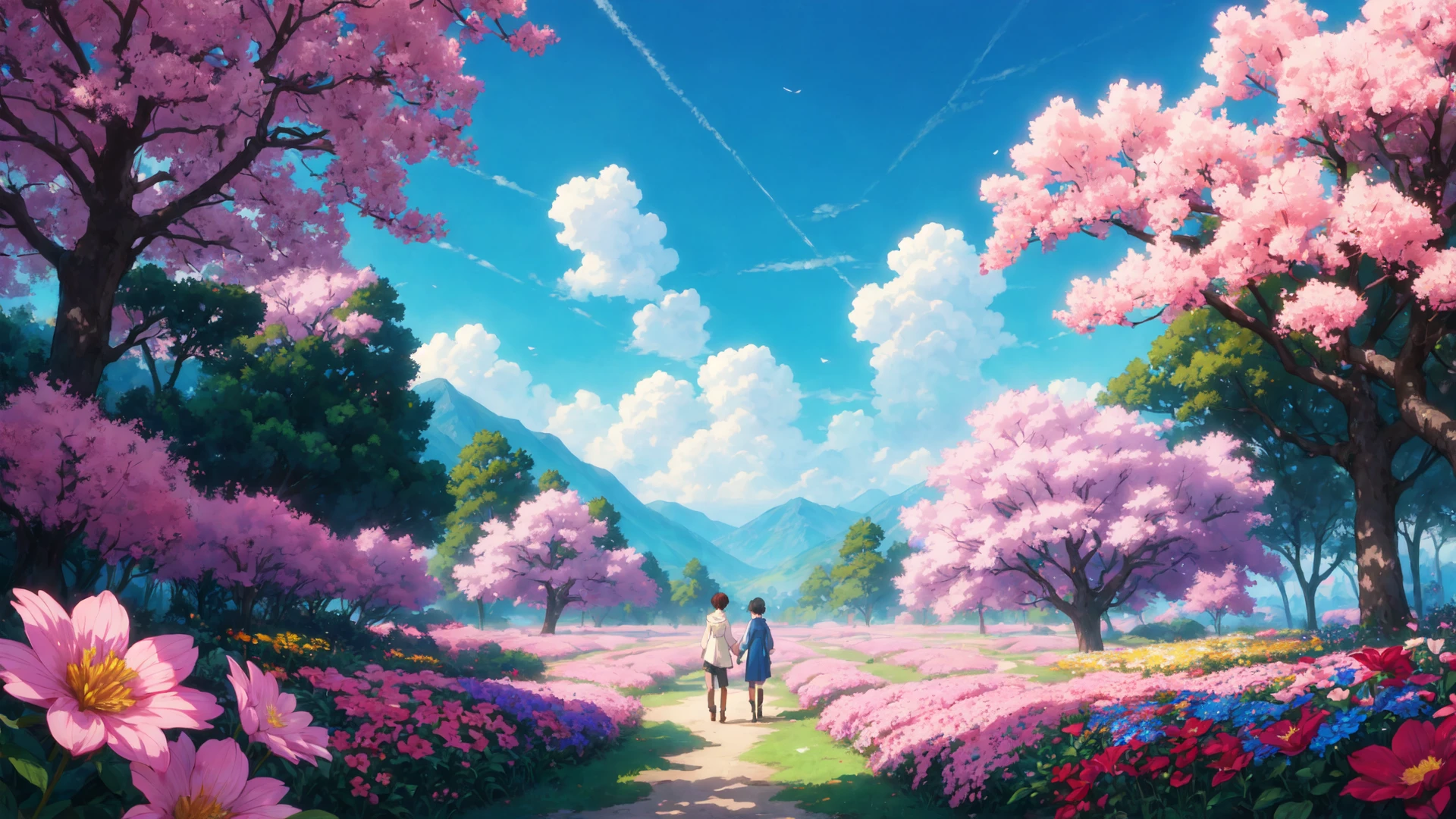 soft and warm color, still,bright,vivid,dreamy,evocative use of light and shadow, incredible beauty,anime style,vibrant,studio anime, vibrant,beautiful,textural,(((masterpiece))),(((best quality))),((ultra-detailed)),impeccable, intricate details, outdoors, nature, scenery, flowers, hayao miyazaki style, <lora:add_detail:0.3>
