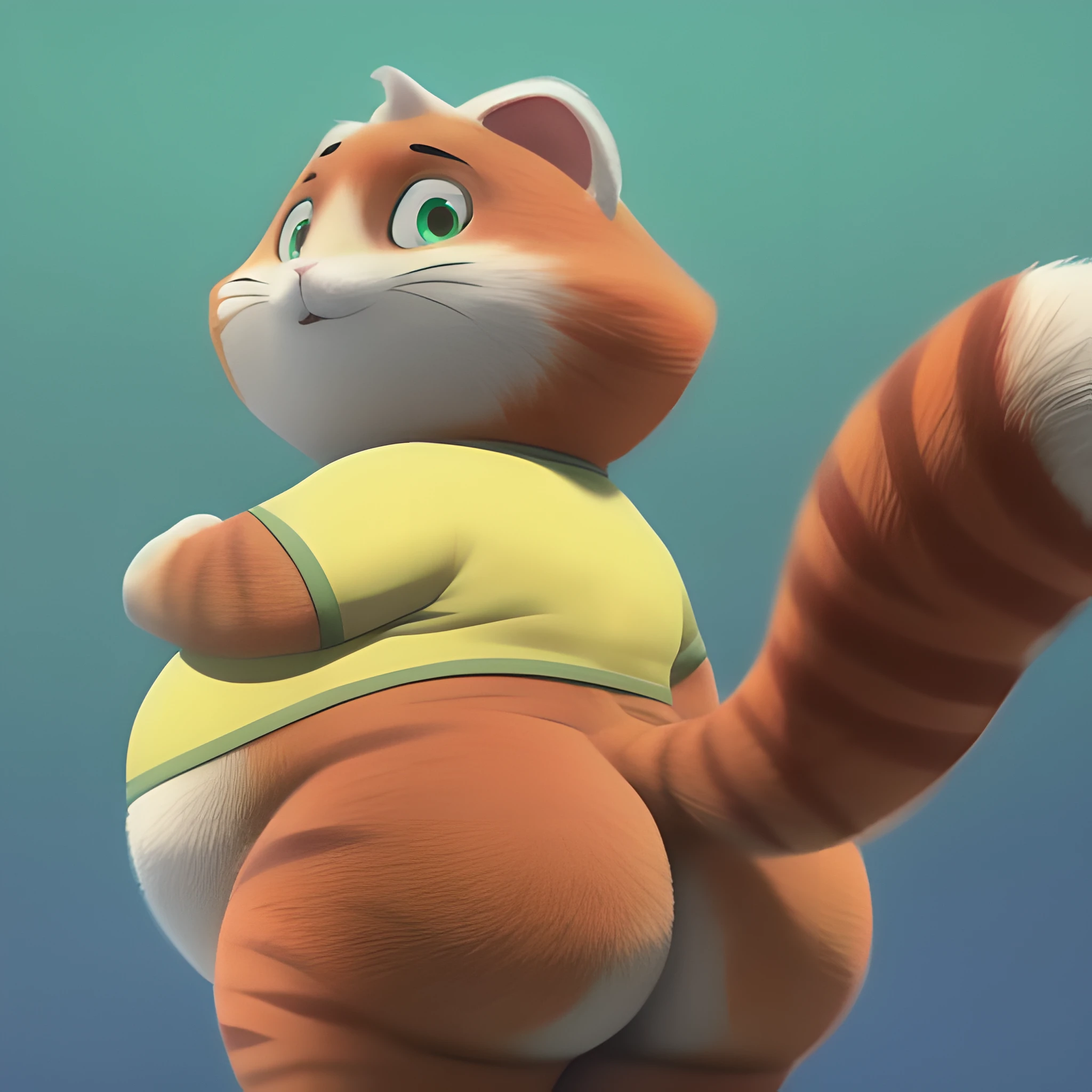 mammal, furry, not human, solo, hi res, absurd res, digital media \(artwork\), 1:1, 2023, D background, solo focus, shaded, portrait, fur, meatball, cat, overweight, yellow shirt, green eyes, orange fur, white fur, two toned fur, striped fur, bottomless, rear view, side view, short stack, looking back, looking at viewer, tail, butt, big butt, standing biped, anthro, big belly <lora:MeatballRock_Lora-10:0.7>