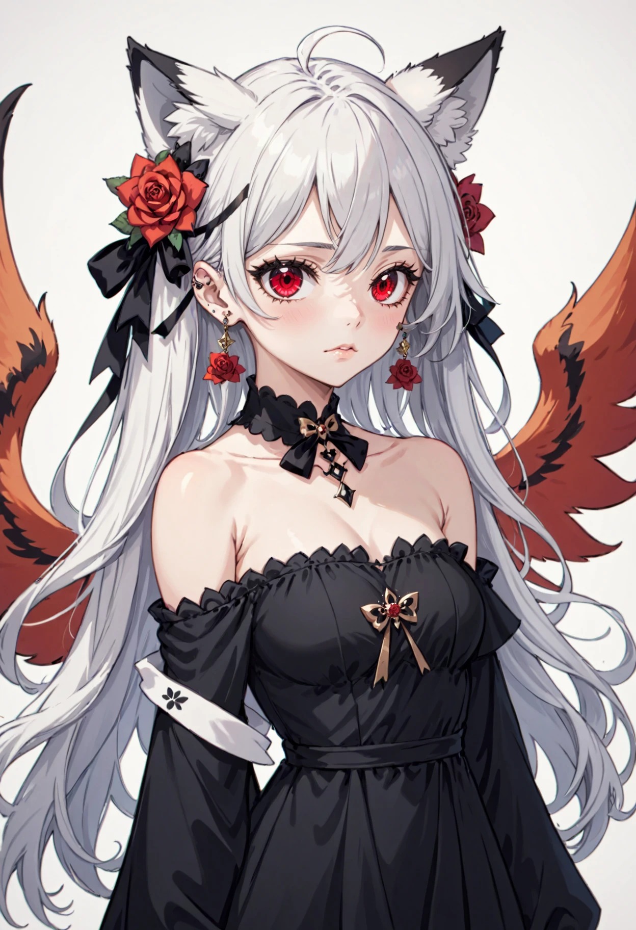1girl, animal ear fluff, animal ears, bare shoulders, black dress, black flower, black ribbon, closed mouth, collarbone, dress, ear piercing, earrings, facial mark, flower, fox ears, hair between eyes, hair flower, hair ornament, hand up, jewelry, long hair, long sleeves, looking at viewer, makeup, off shoulder, off-shoulder dress, piercing, red eyes, ribbon, ring, rose, solo, upper body, white hair, wings, studio anime, flat, animated