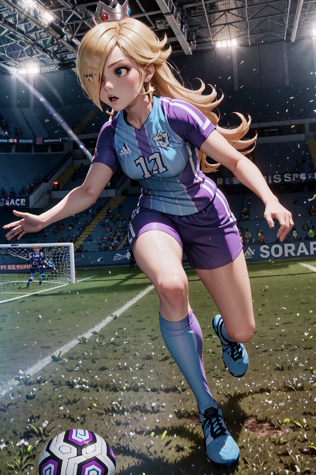 1girl, IncrsRsln, hair over one eye, <lora:RosalinaV3:0.9>, IncrsRsln, RslnStriker, crown, soccer uniform, purple sportwear, pantyhouse, full body, running, soccer, football field