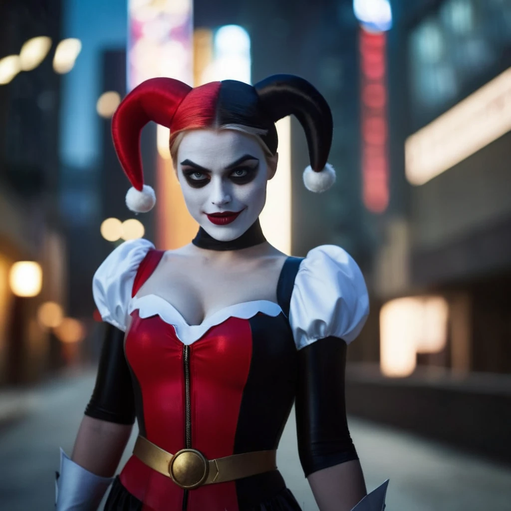 cinematic film still of <lora:Batman The Animated Series Style:1.2>
In Gotham City a cartoon of a woman dressed as a Harley Quinn Batman The Animated Series Style, shallow depth of field, vignette, highly detailed, high budget, bokeh, cinemascope, moody, epic, gorgeous, film grain, grainy