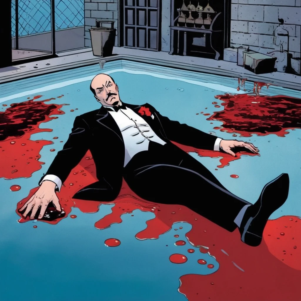 comic book art of <lora:Alfred Pennyworth:1.2>
Alfred Pennyworth a man laying on the ground in a pool of blood In Gotham City, comic art, graphic novel illustration