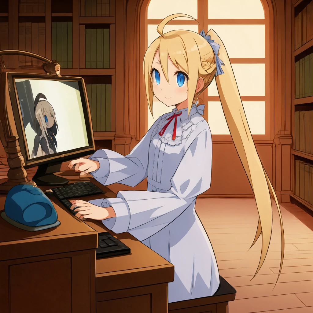 <lora:Eureka:0.6>,Eureka,long hair,white hair ribbon,ponytail,full dress,blond hair,blue eyes,Eureka typing on a keyboard,monitor, playing doom, in a library, bookshelf,