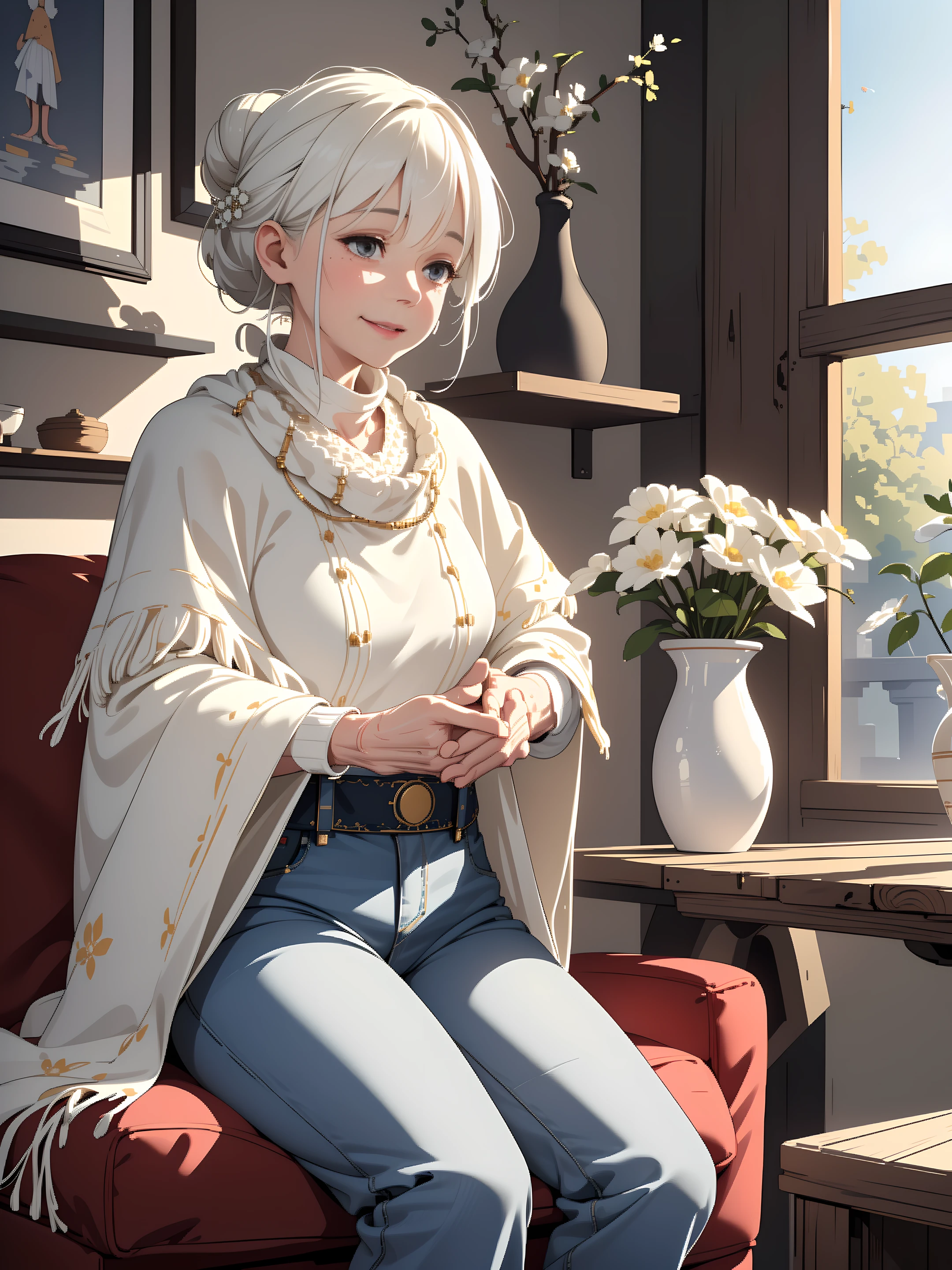 ((extremely detailed 8k illustration)), highres, (extremely detailed and beautiful background), ultra detailed painting, professional illustrasion, Ultra-precise depiction, Ultra-detailed depiction, (beautiful and aesthetic:1.2), HDR, (depth of field:1.4), colorful, vivid, beautiful detailed glow light particles, intricate:1.4, <lora:GoodHands-beta2:1>, nice hands, perfect hands, ((((old woman:1.3)))), kawaii, (grandmother:1.3), (elder:1.4), (slender), ((drooping cheeks)), ((wrinkled skin)), (gentle nature), black eyes, white hair, medium hair, hair bun, (bent waist:1.2), (cream skin:1.2), (short stature), (60 years old:1.3), smile politely:1.4, Colorful Peruvian-inspired ((poncho with matching jeans)), Morning in the living room. It's a space for relaxation, where you can sit on the sofa, and the tranquility of the morning fills the air,