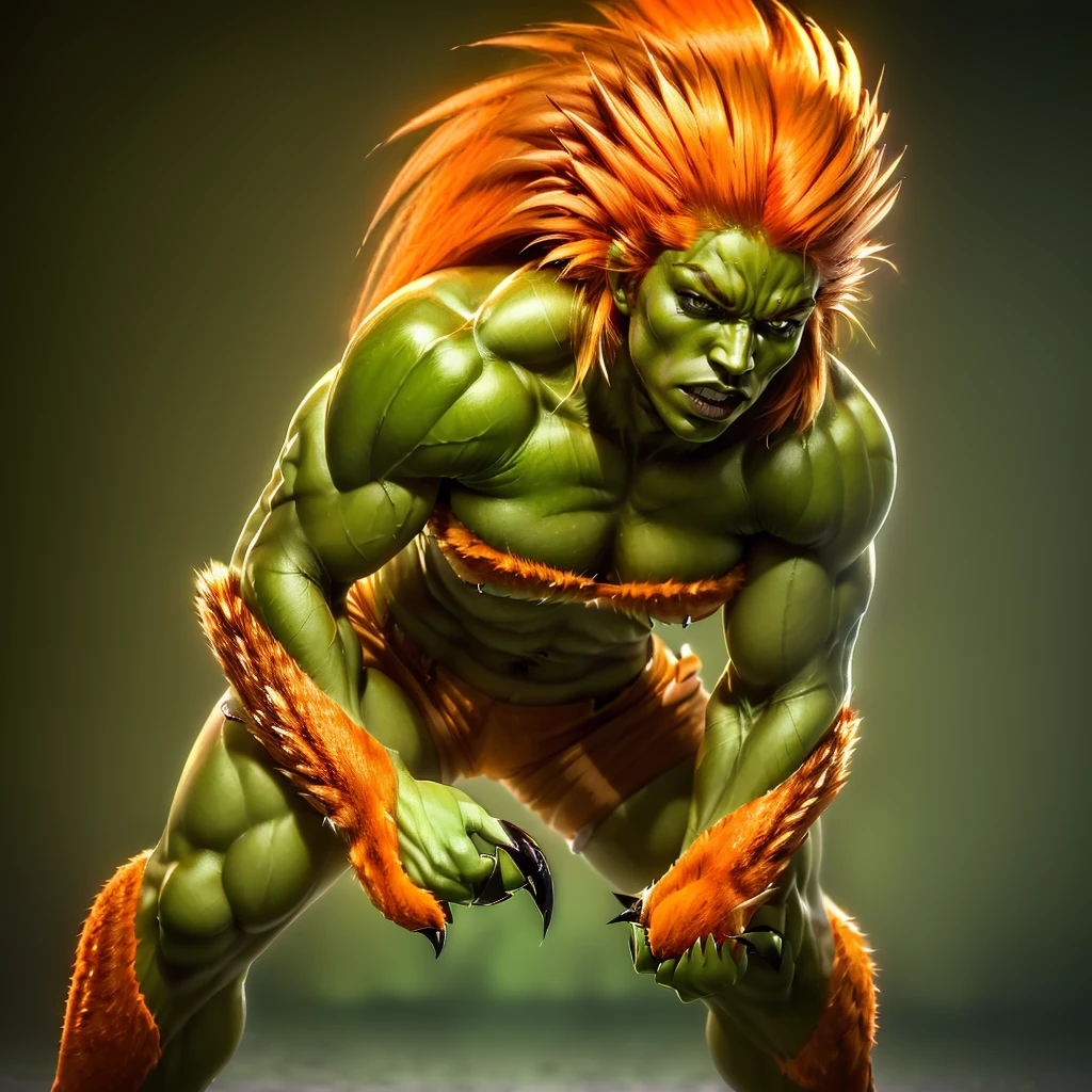 beautiful girl, (((a monster wearing a bikini))<lora:BlankSF2V6Lora:0.7> ((lips tight, serious look)), green skin, muscular, orange hair, long hair, abs, light brown shorts with fur, hair on arms, 4k, high quality, ultra realistic, sharpen image, full body, Highly detailed