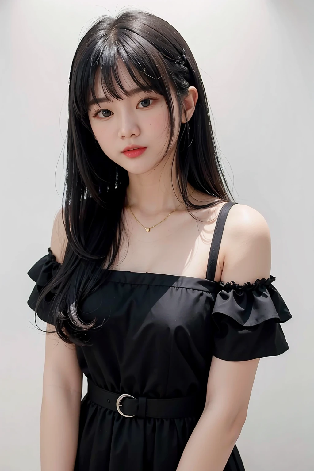 1girl,hair with bangs,black long dress,white background, <lora:JigsawV1-02:1>