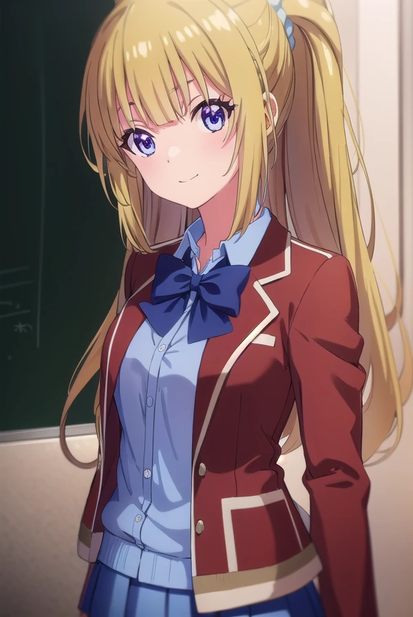 keikaruizawa, <lora:kei karuizawa s2-lora-nochekaiser:1>,
kei karuizawa, long hair, bangs, blunt bangs, (purple eyes:1.1), blonde hair, shirt, hair ornament, ponytail, scrunchie, blue scrunchie, smile,
BREAK skirt, shirt, bow, school uniform, jacket, (red jacket:1.2), pleated skirt, bowtie, sweater, (blue bow:1.2), (blue shirt:1.2),
BREAK indoors, classroom,
BREAK looking at viewer, (cowboy shot:1.5),
BREAK <lyco:GoodHands-beta2:1>, (masterpiece:1.2), best quality, high resolution, unity 8k wallpaper, (illustration:0.8), (beautiful detailed eyes:1.6), extremely detailed face, perfect lighting, extremely detailed CG, (perfect hands, perfect anatomy),