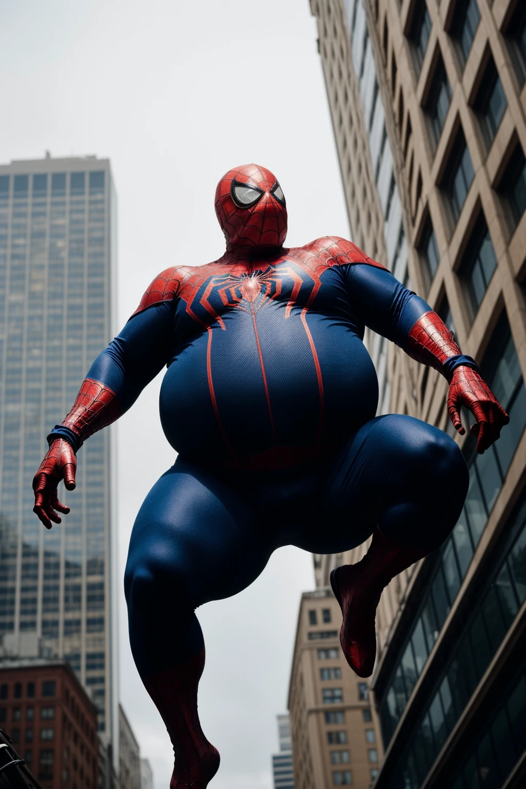 Grandpa wears a Spider-Man tights,Show your body generously,Bedrooms,Strong body,bellyfat,detailed back ground,40-year-old middle-aged man,male people,he is about 40 years old,Thick eyebrows, Big eyes,opens his eyes wide,With a smile,Gentle expression,Give gifts,musculature,
