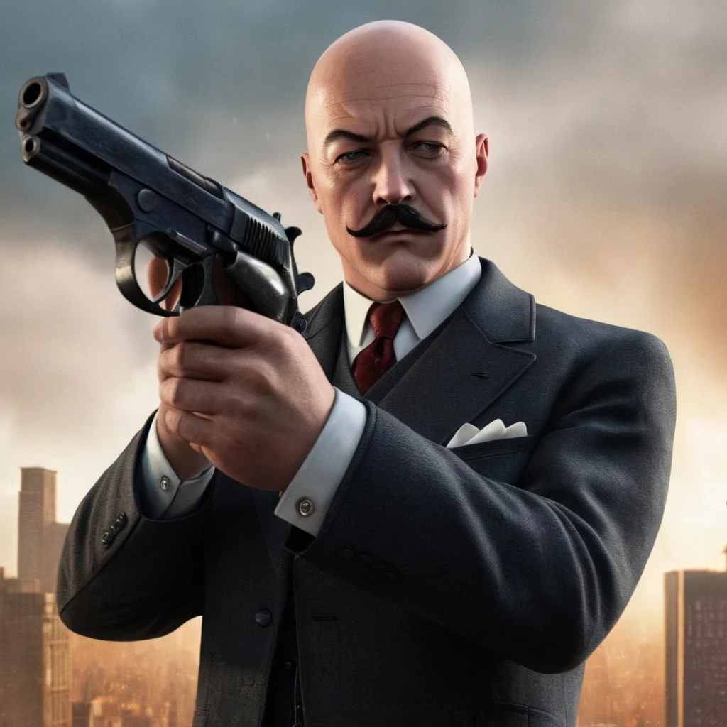 Hyperrealistic art of <lora:Alfred Pennyworth:1>
Alfred Pennyworth a bald man with a mustache in a suit holding a gun In Gotham City, Extremely high-resolution details, photographic, realism pushed to extreme, fine texture, incredibly lifelike