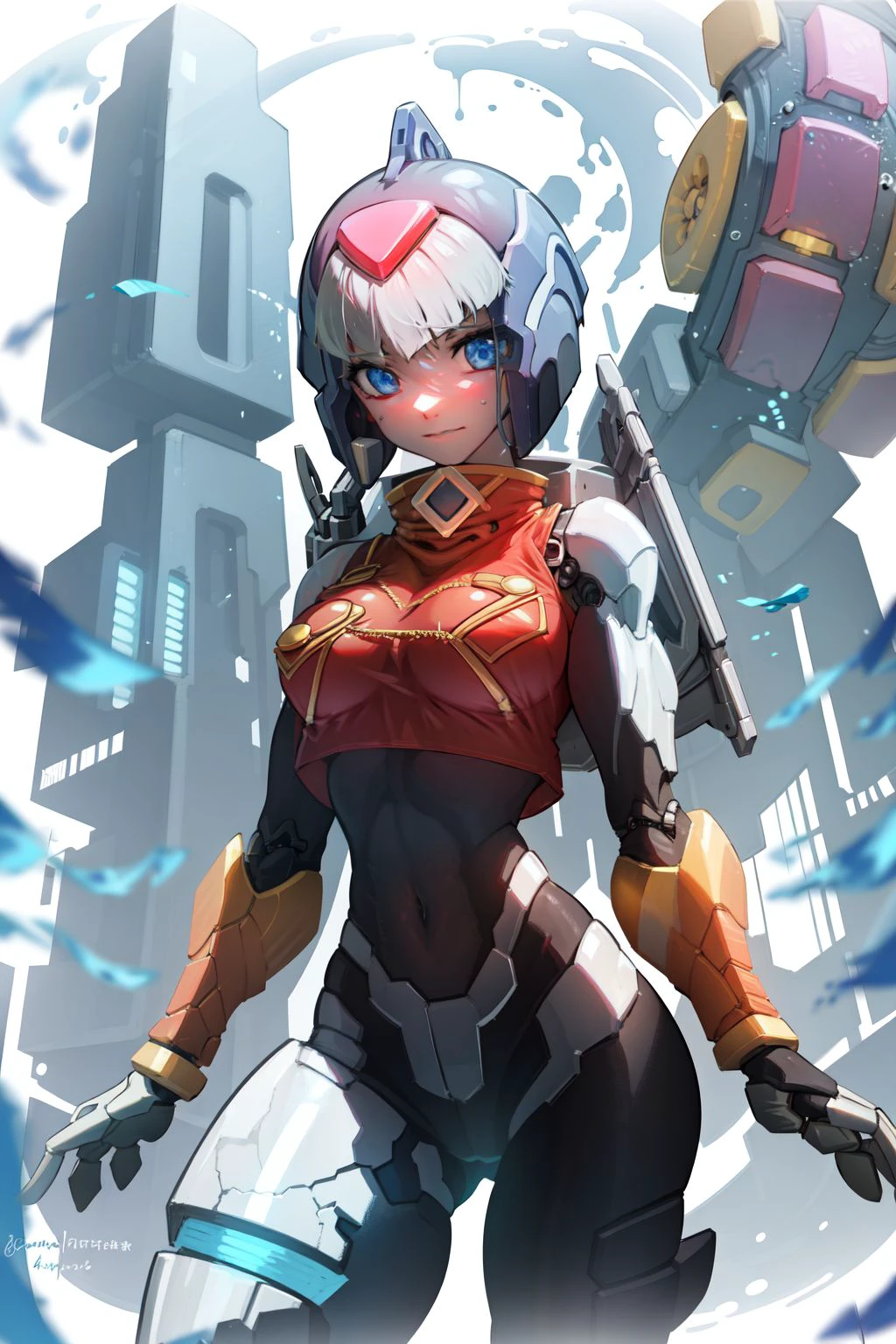 solo, female cyborg, looking at viewer, white armor, cowboy shot <lora:tanziya_(codlxcold)_style_v01:1>