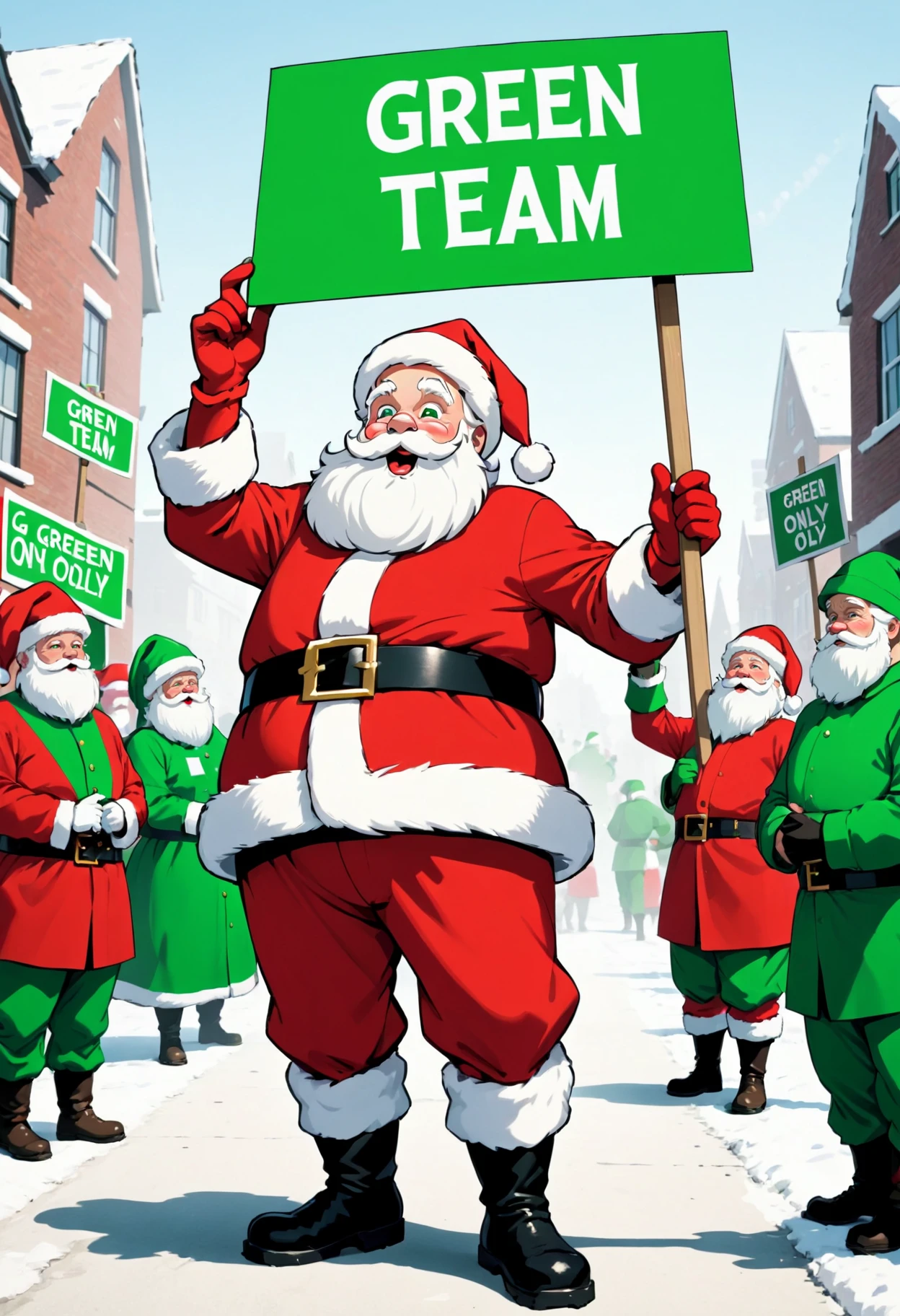 Santa Claus, outdoors, protesting inequality, dutch angle, animated, flat color, ultra sharp, holding a sign that says GREEN TEAM ONLY
