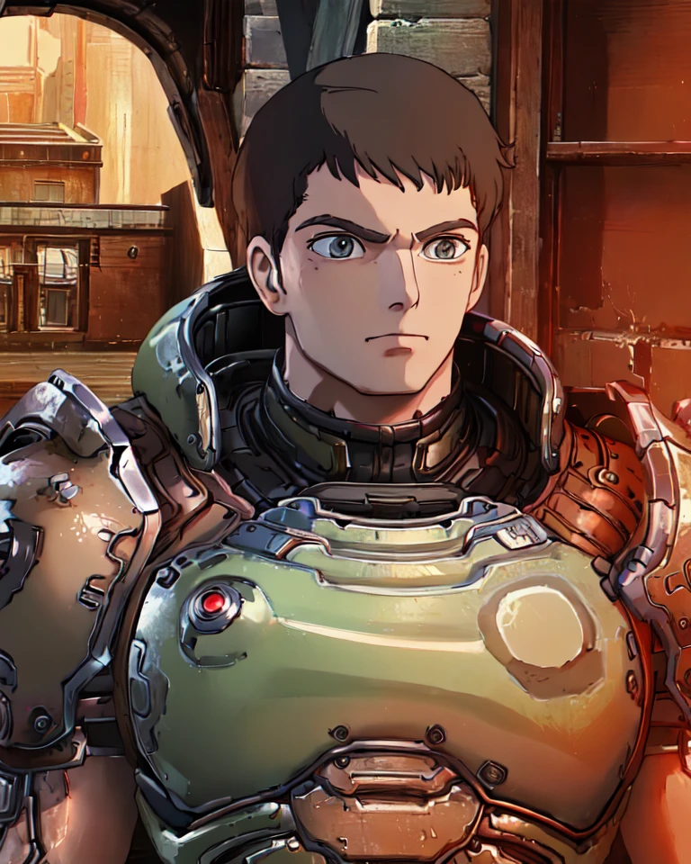 best quality, masterpiece, helmetless_doomguy <lora:Helmetless_Doomguy-15:0.85> <lora:ghibli_style_offset:1>