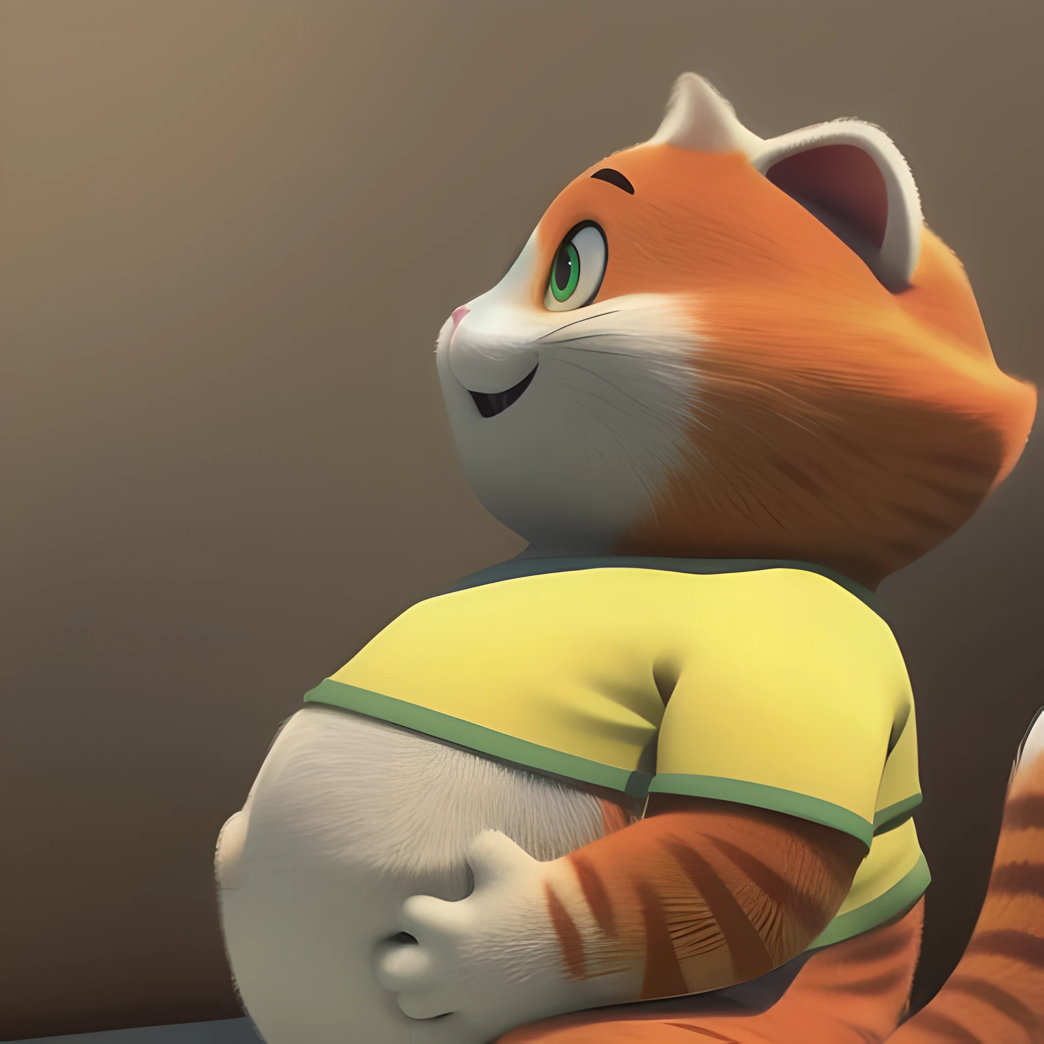 mammal, furry, not human, solo, hi res, absurd res, digital media \(artwork\), 1:1, 2023, D background, solo focus, shaded, portrait, fur, meatball, cat, overweight, yellow shirt, green eyes, orange fur, white fur, two toned fur, striped fur, , side view, smile, short stack, belly grab, sitting, biped, anthro, big belly  <lora:MeatballRock_Lora-10:0.7>