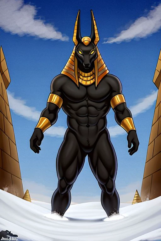 ((masterpiece)), best quality, 1boy, solo,  (anubis:1.2) standing (Egypt) (detailed background, 4k, 2k, outside, snow, lateral body:0.8), <lora:DariusV1:0.65>