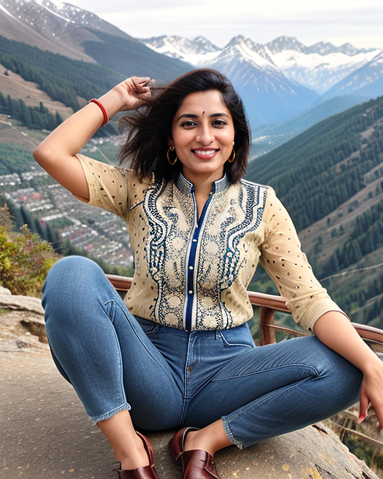 ultrarealistic photo of a 30-year-old desi woman, dynamic pose, wearing Jeans_with_kurta, smiling, on a mountain top background bokeh <lora:Desi_Coffee_SD15_LoRA_V2:0.6>