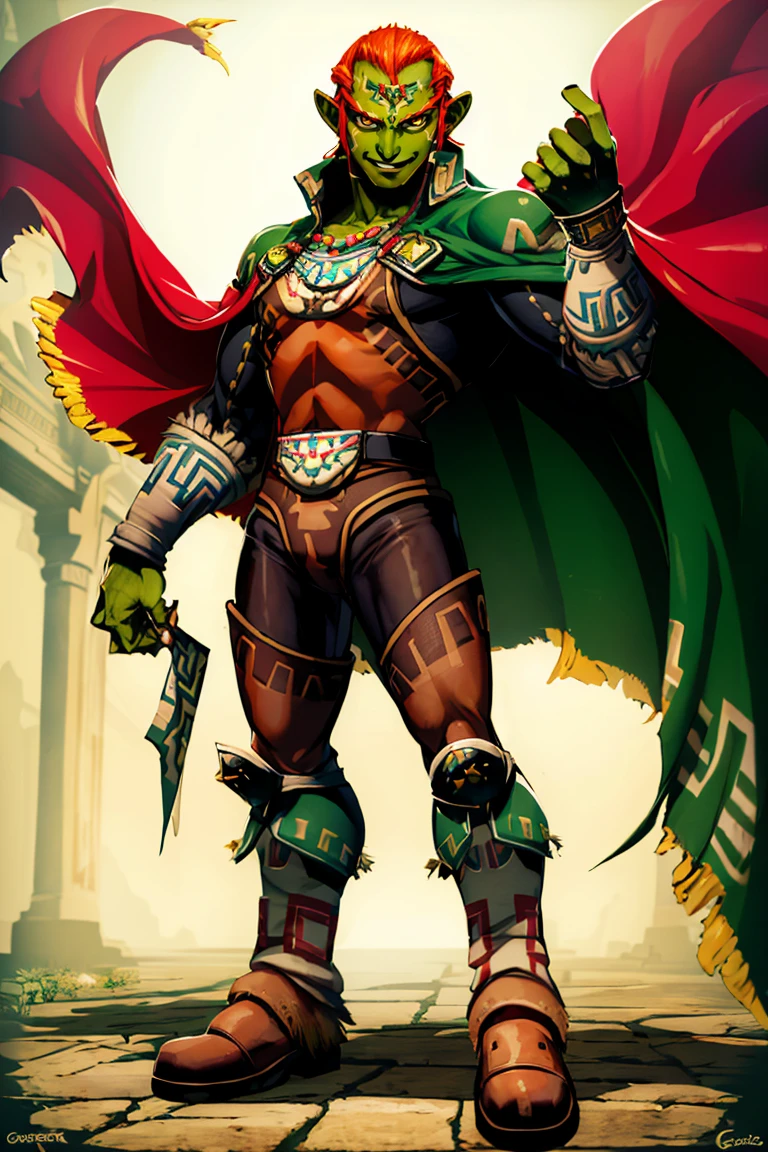 <lora:Genzoman_Style_Dim64:0.6>,((masterpiece,best quality)), absurdres, <lora:OoT_Ganondorf_Zelda_Anime:0.8>, OoT_Ganondorf_Zelda, solo, (green skin), cape, solo, smiling, looking at viewer, cowboy shot,