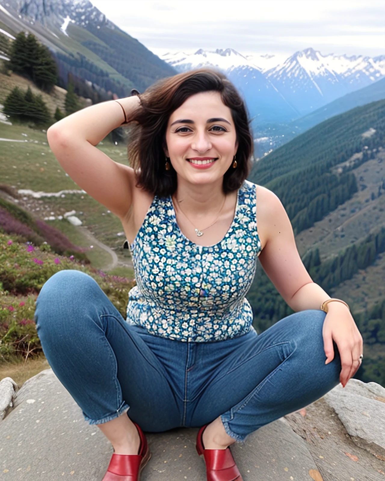 ultrarealistic photo of a 30-year-old desilatte woman, dynamic pose, wearing Jeans_with_kurta, smiling, on a mountain top background bokeh <lora:Desi_Coffee_SD15_LoRA_V2:0.6>