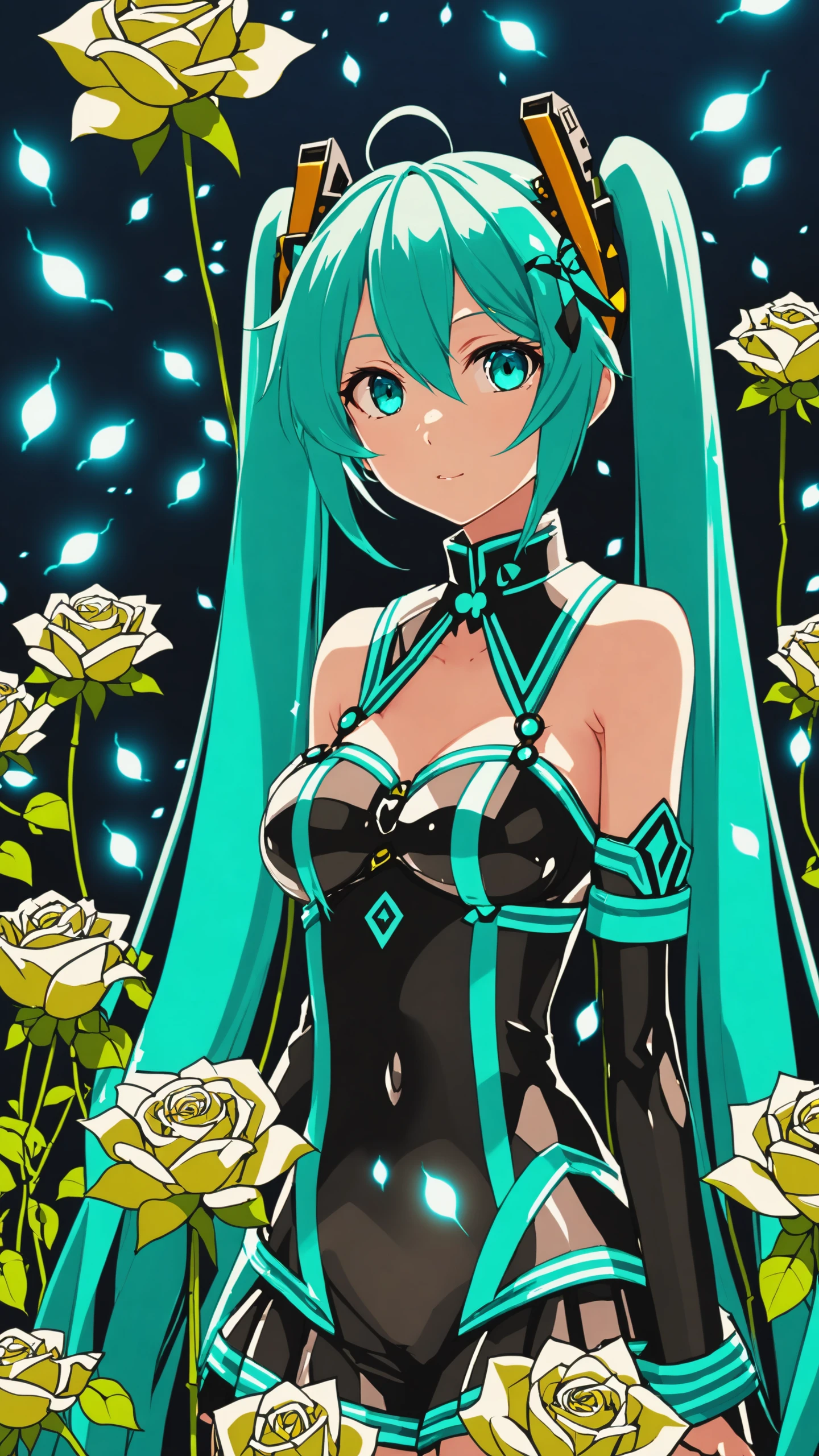 face focus, masterpiece, best quality, 1girl, Hatsune miku, goth Hatsune miku, latex clothing, suggestive face, hentai face, white roses, petals, night background, fireflies, light particle, solo, aqua hair with twin tails, aqua eyes, standing, pixiv, depth of field, cinematic composition, best lighting, looking up