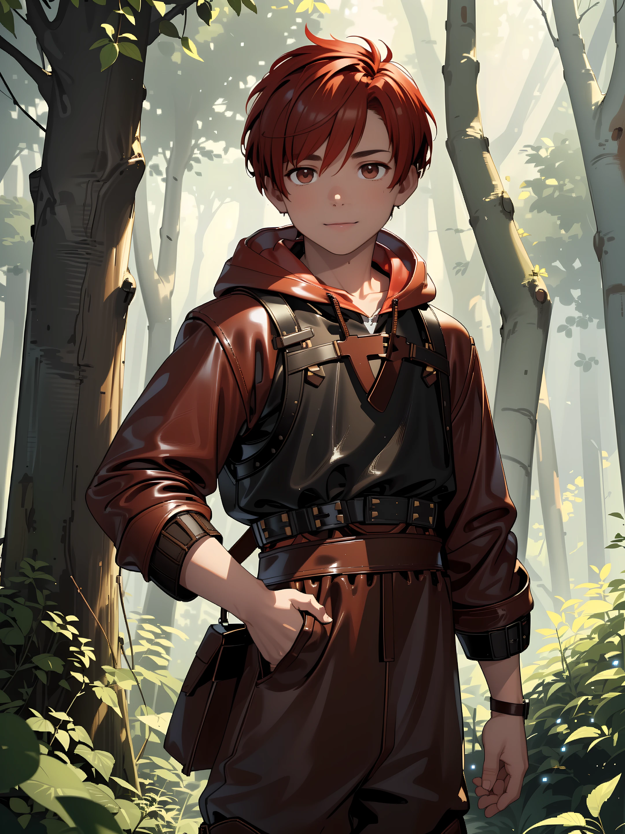 ((extremely detailed 8k illustration)), highres, (extremely detailed and beautiful background), ultra detailed painting, professional illustrasion, Ultra-precise depiction, Ultra-detailed depiction, (beautiful and aesthetic:1.2), HDR, (depth of field:1.4), colorful, vivid, beautiful detailed glow light particles, intricate:1.4, <lora:GoodHands-beta2:1>, nice hands, perfect hands, ((male focus)), (((young boy:1.3))), ((adol christin:1.2)), tan, muscular, (black eyes:1.2), (((red hair))), (very short hair:1.8), (curly hair), dignified expression, ((brown theme:1.2)), ((((leather hoodie jacket ))under( Lederhosen:1.4))), (sleeves rolled up), (green gemstone necklace), leather gloves, ((leather belt with pocket:1.2)), (ankle boots:1.4), smile sweetly, Evening in the forest. As the sun tilts to the west, the light leaking from the trees illuminates the forest in a magical way, further accentuating the beauty of nature,