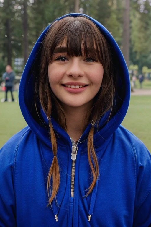 malina weissman, close up photograph, hood up, long hair, blunt bangs, (smiling, mouth open:0.7), blue zip-up hoodie, zipper, outdoors, at the park <lora:Malina_Weissman:0.9>