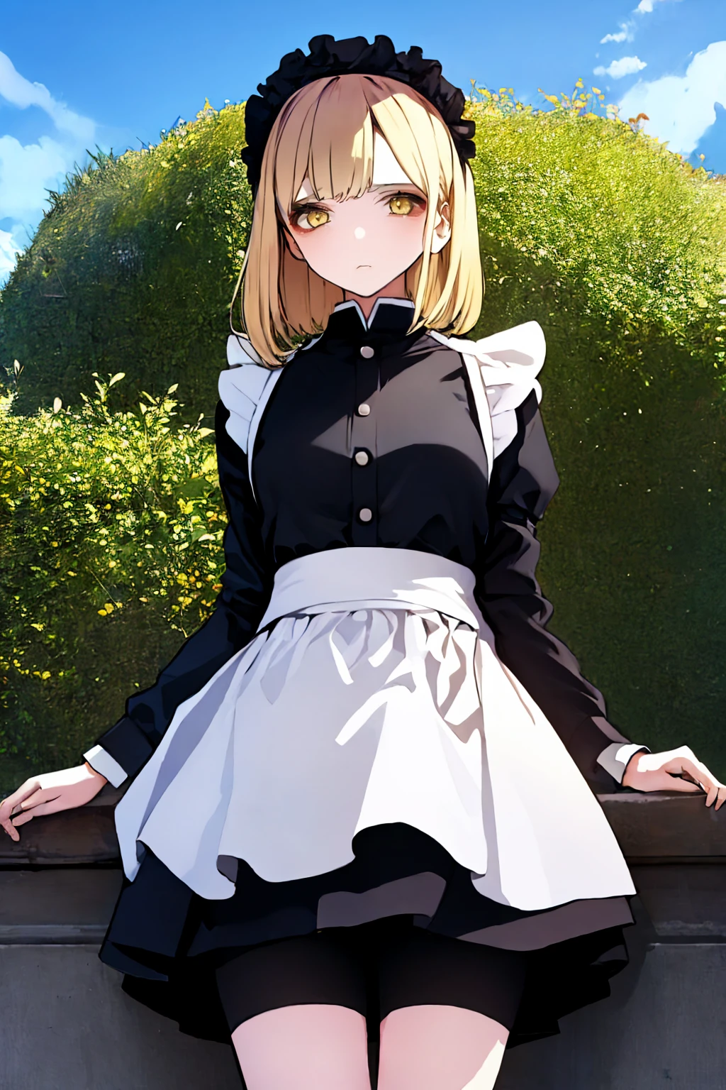 (masterpiece, best quality:1.2), solo, 1girl, expressionless, looking at viewer, blonde hair, maid headdress, yellow eyes, black jacket, black shorts, outdoors <lora:style_minagikou:1>