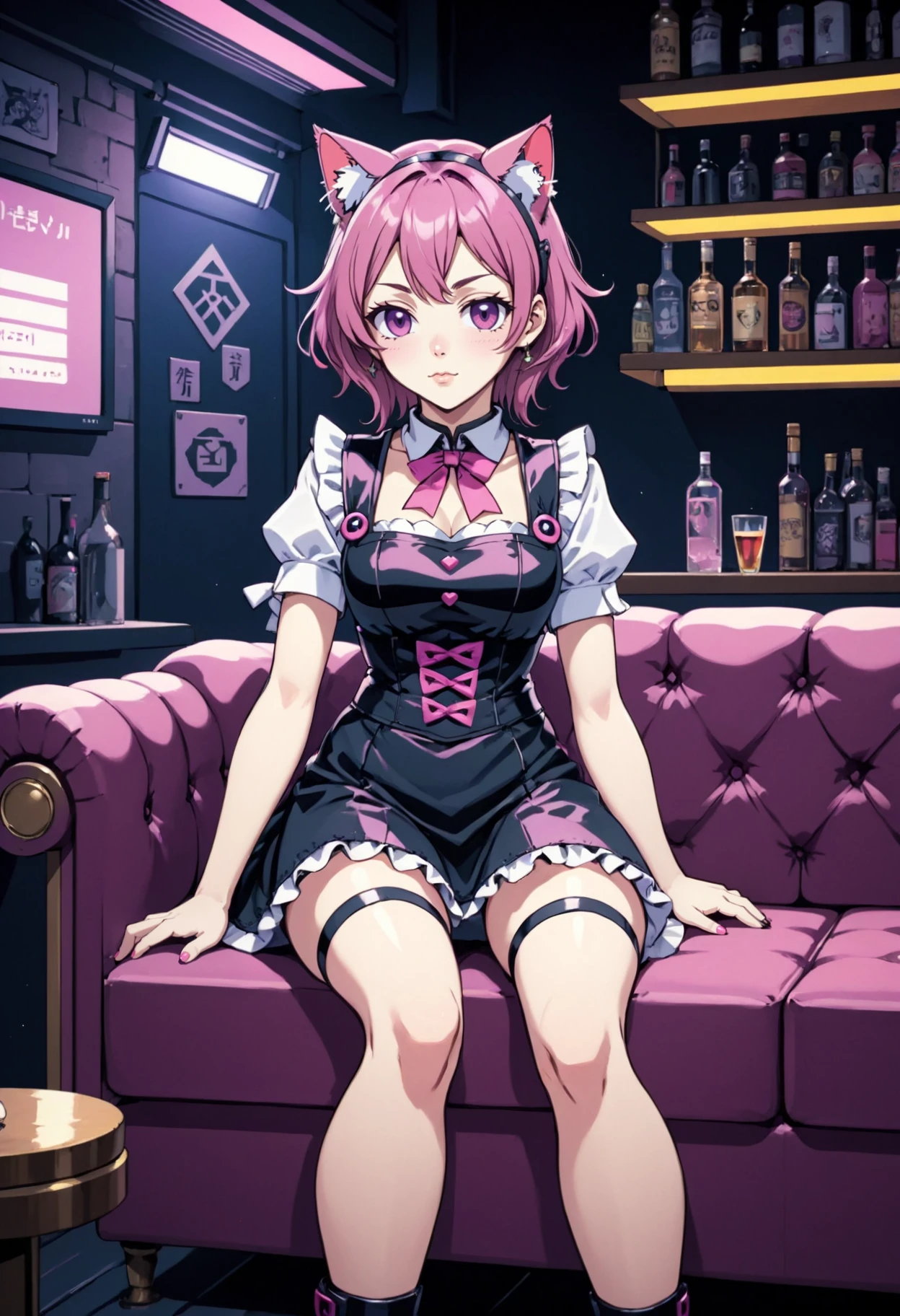 nerdy girl with cat ears on a sofa dressed in a bar maid outfit, in the style of cyberpunk manga, 2d game art, papercut style, flat, anime, animated, master of ink, best resolution, dark violet and pink, studio anime, art by naoko takeuchi