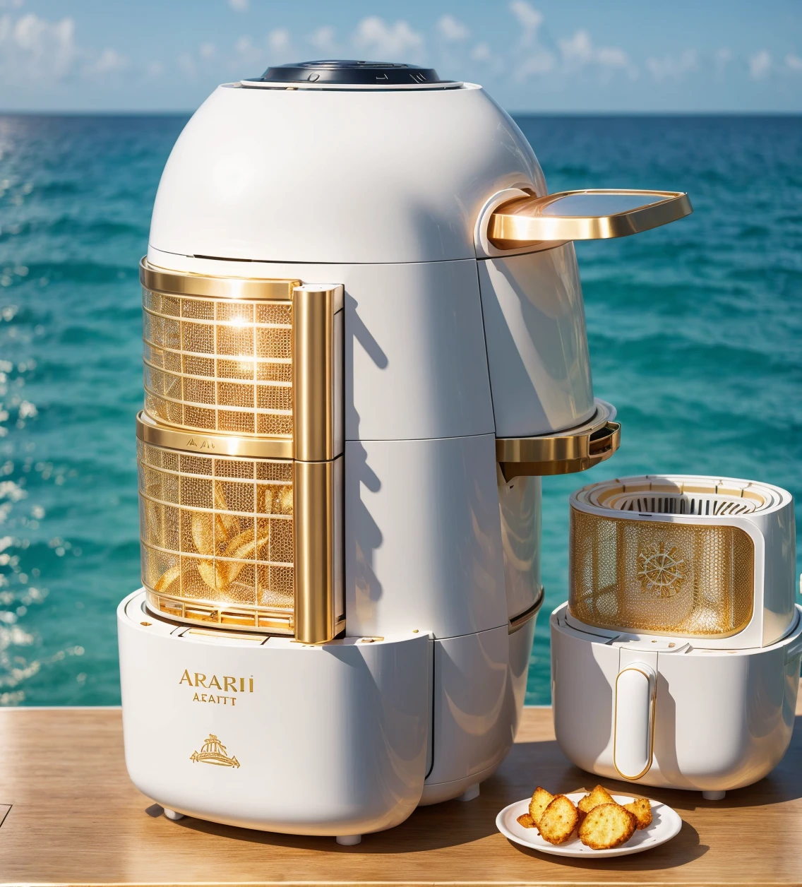 Nautical-themed a white air fryer with food piled into different containers, in the style of romantic atmosphere, light gold and light amber, False naïve, flatness of space, toraji, pretty, use of screen tones . Sea, ocean, ships, maritime, beach, marine life, highly detailed
