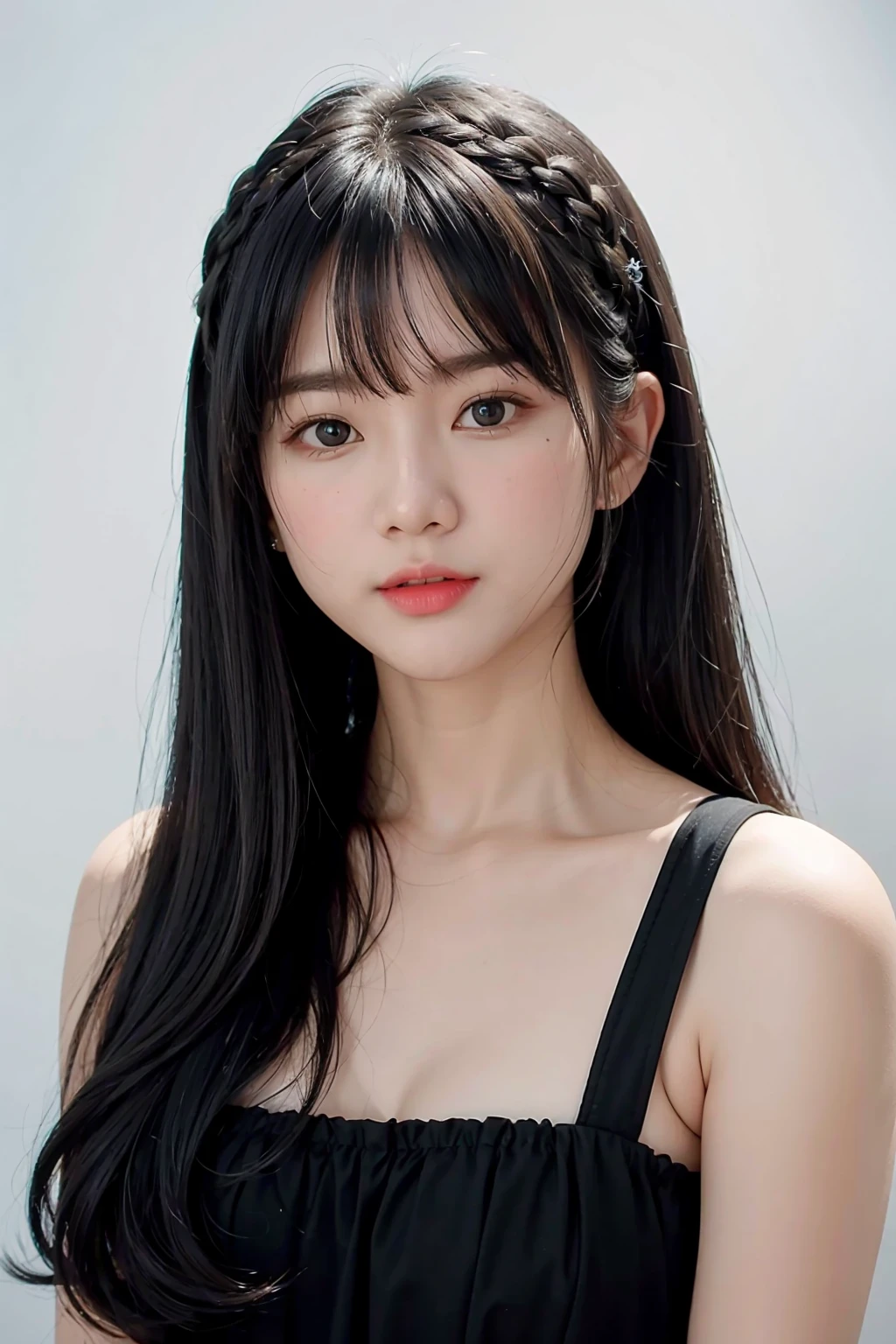 1girl,hair with bangs,black long dress,white background,  <lora:JigsawV1-02:1>