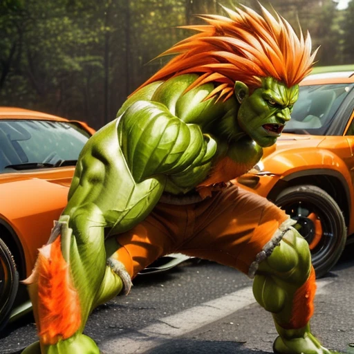 (((a monster smashing cars))<lora:BlankSF2V6Lora:0.7> ((lips tight, serious look)), green skin, muscular, orange hair, long hair, abs, light brown shorts with fur, hair on arms, 4k, high quality, ultra realistic, sharpen image, full body, Highly detailed