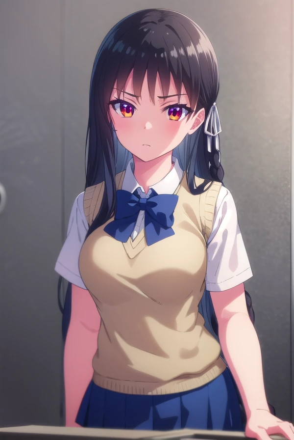 suzunehorikita, <lora:suzune horikita s2-lora-nochekaiser:1>,
suzune horikita, long hair, black hair, (red eyes:1.3), hair ribbon, braid,
BREAK bow, school uniform, short sleeves, bowtie, sweater vest, shirt, white shirt, blue bowtie,
BREAK indoors, classroom,
BREAK looking at viewer, (cowboy shot:1.5),
BREAK <lyco:GoodHands-beta2:1>, (masterpiece:1.2), best quality, high resolution, unity 8k wallpaper, (illustration:0.8), (beautiful detailed eyes:1.6), extremely detailed face, perfect lighting, extremely detailed CG, (perfect hands, perfect anatomy),