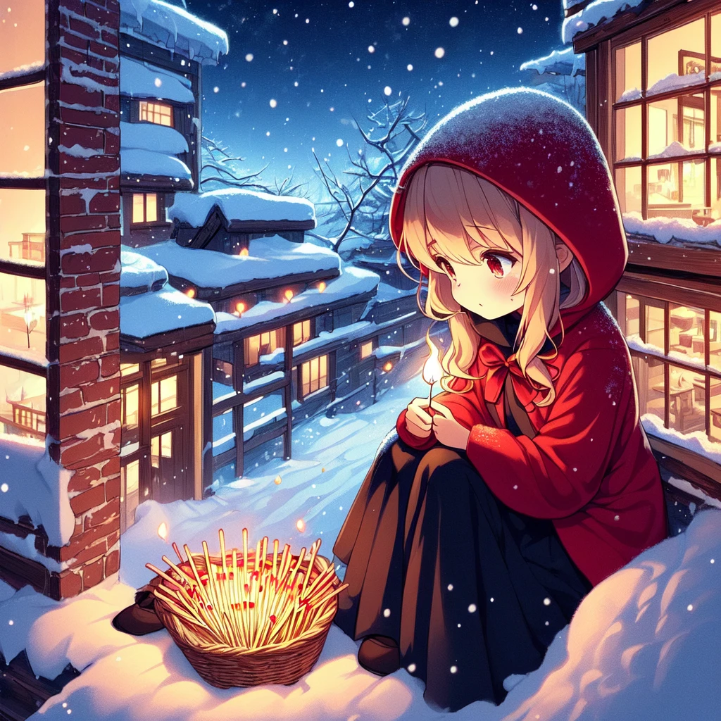 2d illustration, fairy tales, anime style, full body, Snowing, very poor, very cold, (sit on rooftop), (((night town))), red hooded jacket, holding basket, little girl head down, (((lit match on snow))), beautiful longhair, lit match,<lora:girllikelitmatch:1.0>