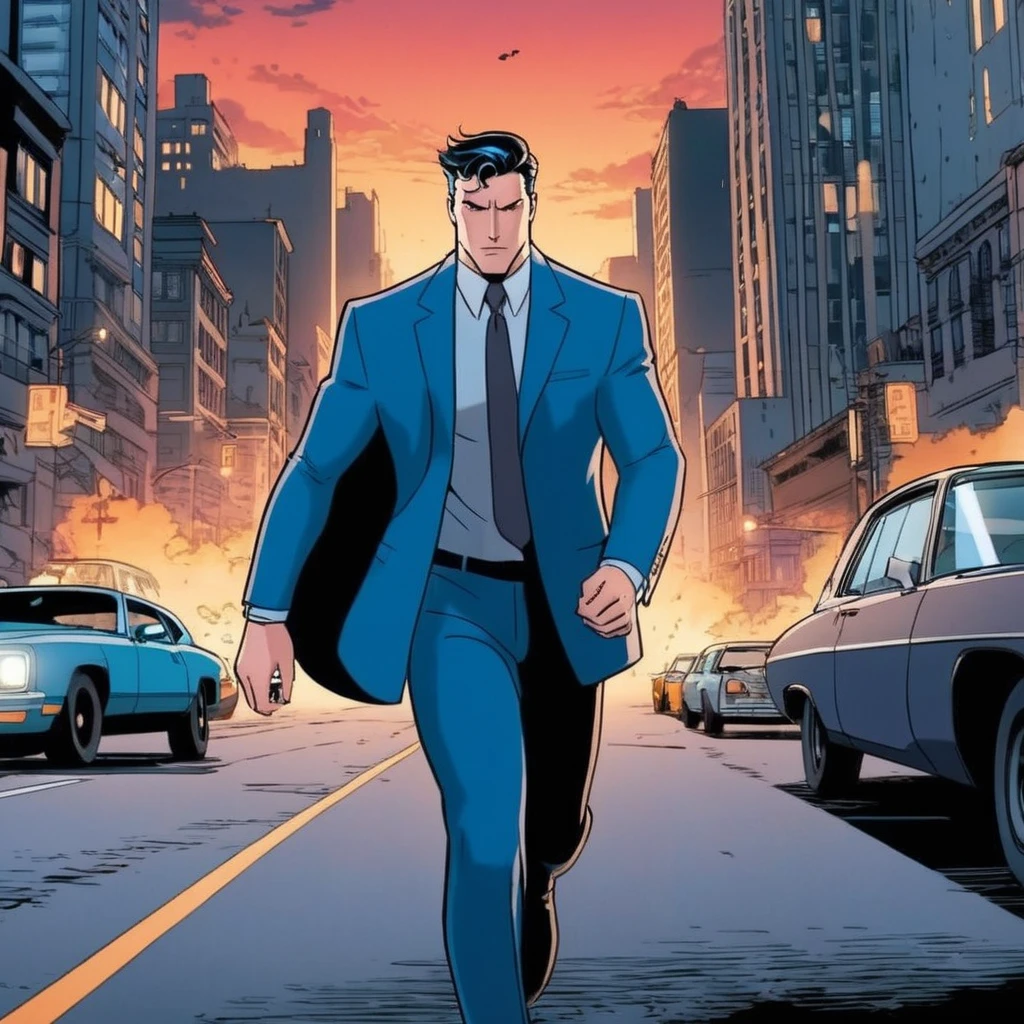 anime artwork of <lora:Bruce Wayne:1.2>
Bruce Wayne a cartoon of a man in a blue suit chased by a running car in the background In Gotham City Universe, anime style, key visual, vibrant, studio anime, highly detailed