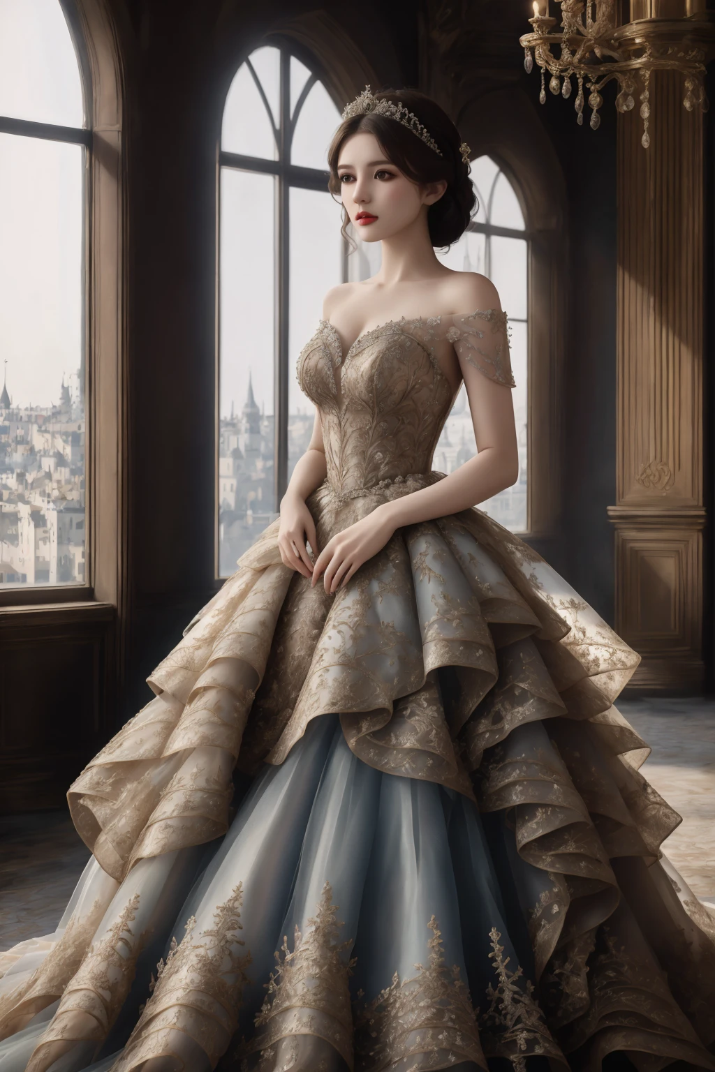 ((best quality)), absurdres, ((ultra high res)), a woman in tiered organza princess gown, beautiful and elegant, looking at viewer, extremely detailed, realistic, 8k, masterpiece, <lora:royal:0.8>