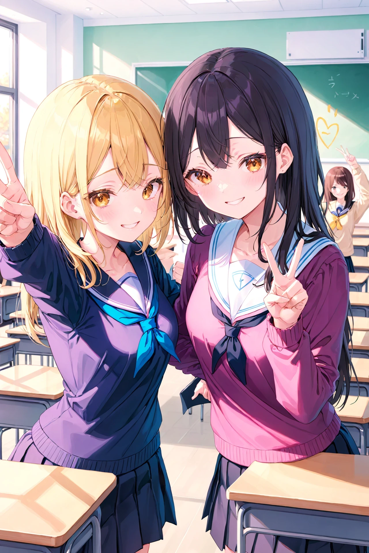 2 girls in high school, classroom, happy, v sign, school uniform