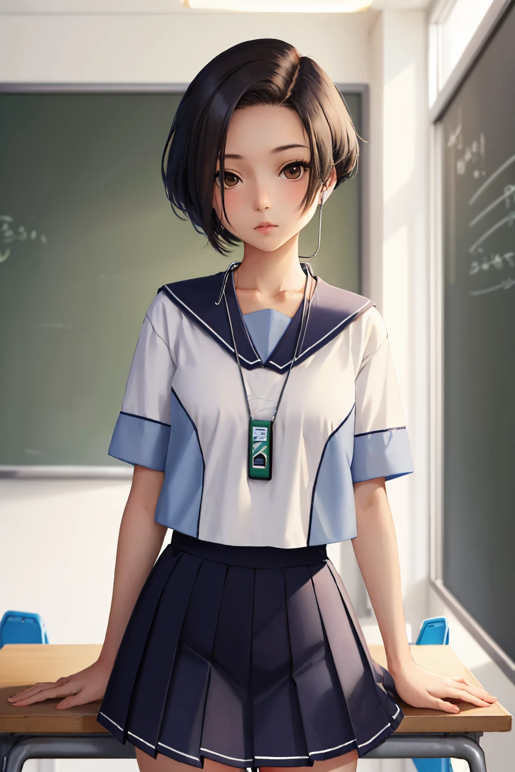(masterpiece, best quality:1.2), solo, 1girl, kobayakawa rinko, expressionless, looking at viewer, earphones, school uniform, serafuku, skirt, classroom <lora:loveplus_kobayakawa-10:1>