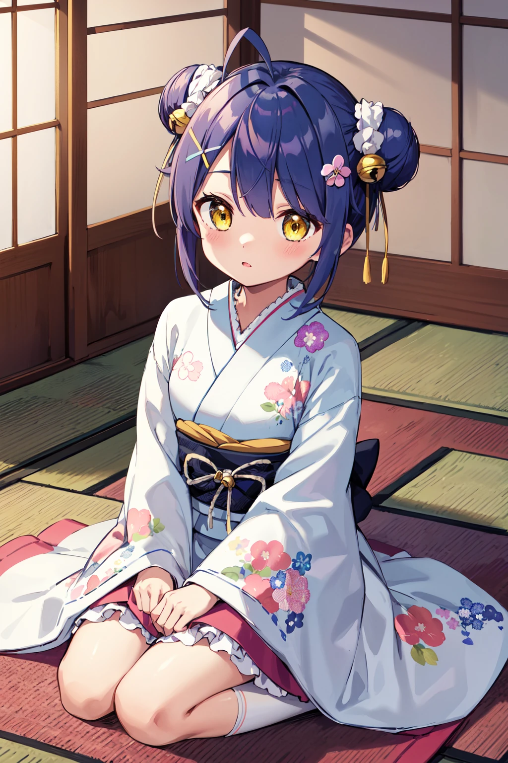 masterpiece, best quality, highres, bbmya, short hair, ahoge, double bun, hair ribbon, hair bow, hair flower, hair bell, x hair ornament, floral print, japanese clothes, frilled kimono, wide sleeves, sleeves past wrists, sash, obi, <lora:amamiya_kokoro_v1:0.7>, indoors, kneeling, hands on own knees,