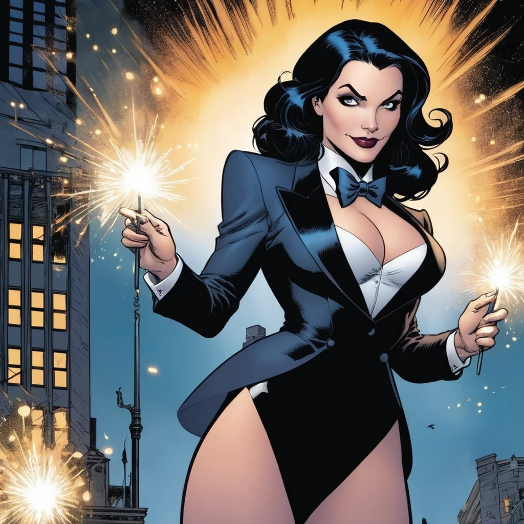 comic book art of <lora:Zatanna:1.2>
Zatanna a naked breasts woman in a suit and stockings is holding a sparkler In Gotham City Universe, comic art, graphic novel illustration