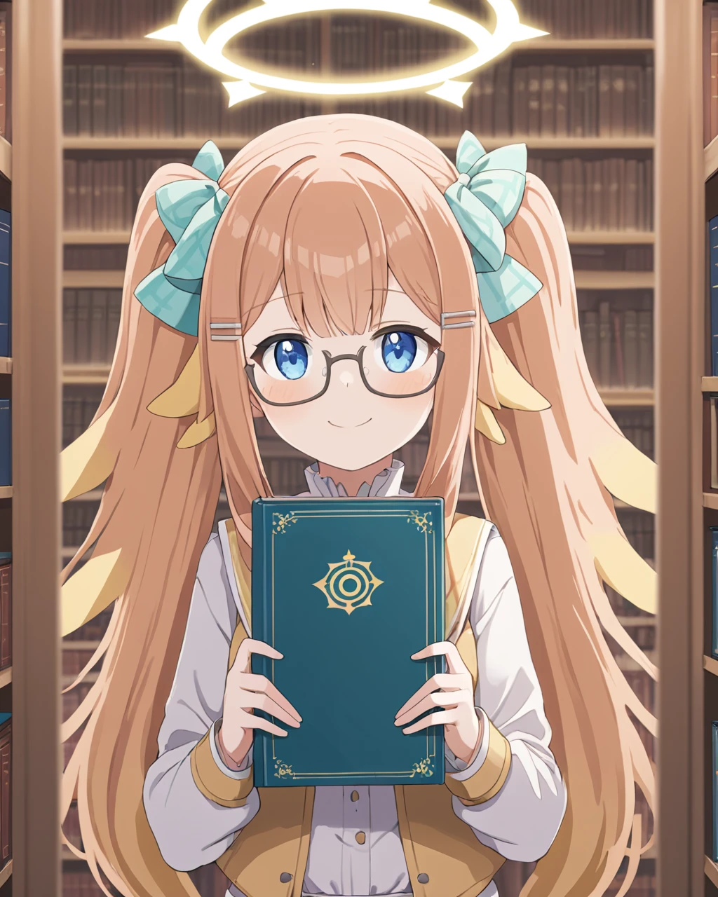 shimiko \(blue archive\),1girl, solo, bookshelf, glasses, smile, holding_book, looking_at_viewer, halo, library, long_sleeves, twintails, hair_bow, hairclip, blurry_background
<lora:shimiko_(blue_archive)_image56_2023-12-01:1>halo. gorgeous,key visual, vibrant, studio anime,award-winning, professional, highly detailed,high budget, cinemascope