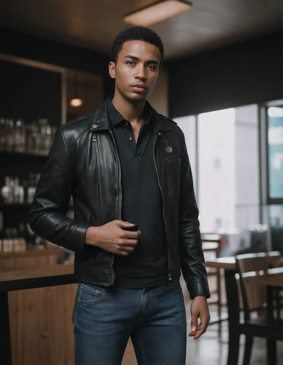 29 years old (black man:1.1), standing inside coffee shop in Paris, casual outfit, leather jacket,  denim,  sharp picture, intricate background, (very wide view, full body, sharp environment:1.2), highres, ((staring at camera)), rutkowski, mucha, ultra detailed,  Alessio Albi,  (F/16:1.1), 50mm,  (realistic skin &  highly detailed face), centerfold, hands free, (sweaty & wet skin, subsurface scattering:0.8), high contrast aesthetic, (dark shot, dark theme,  undersaturated, deep contrast:1.1)