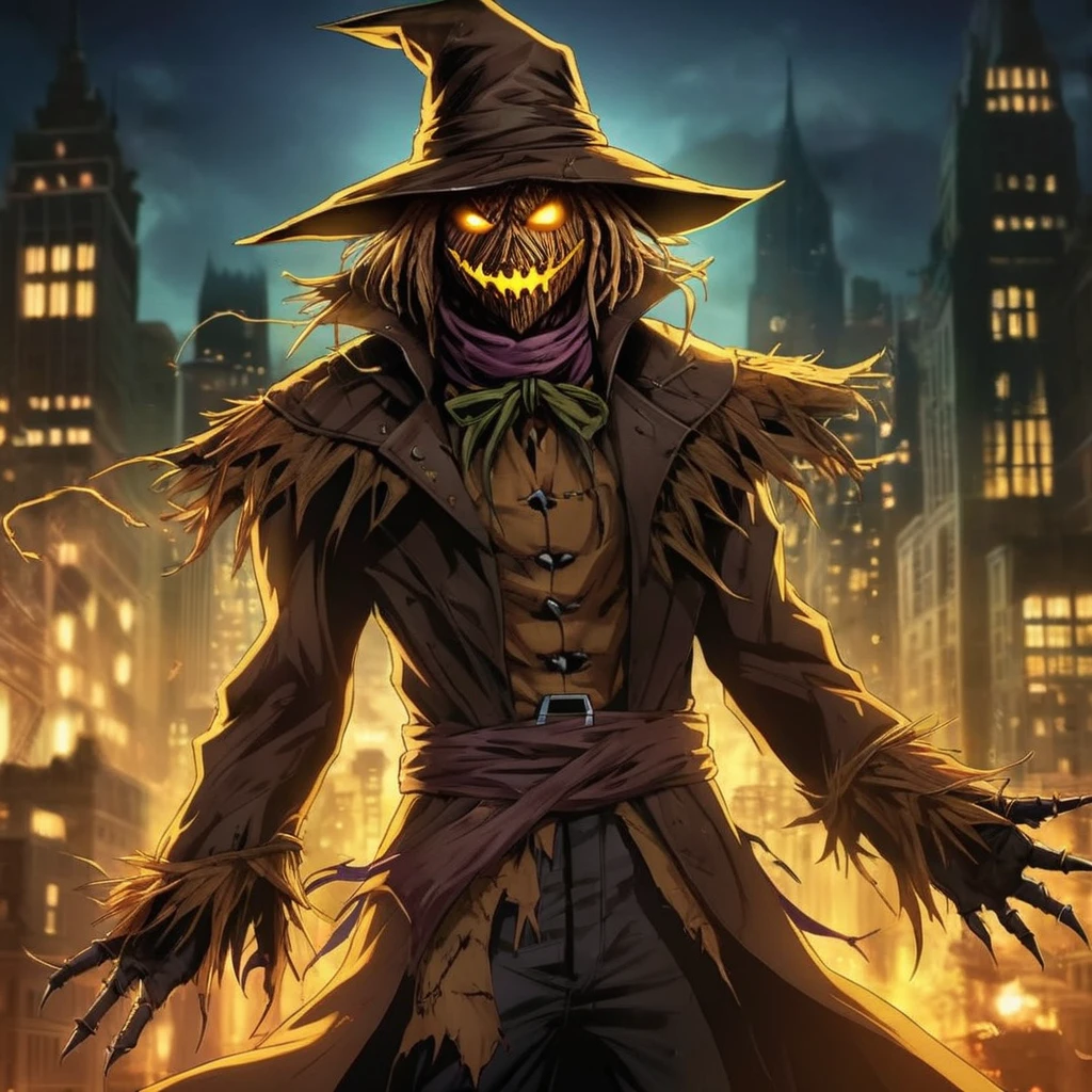 anime artwork of <lora:Scarecrow:1.2>
Scarecrow a demonic looking creature with glowing eyes in Gotham city universe, anime style, key visual, vibrant, studio anime, highly detailed