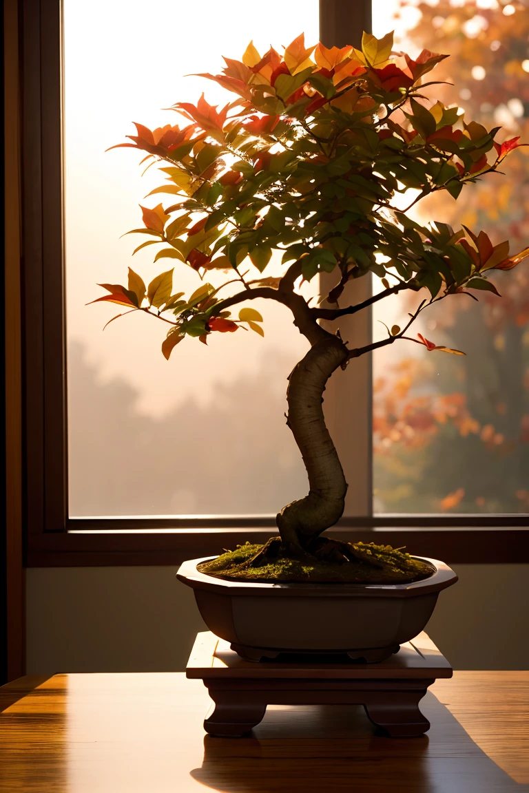 Colored leaves,Trees with autumn leavesãBeautiful autumn leaves,Ultra-exquisite details, intricate detailes, Cinematic, Hyper Real Soft Light, Sunset lighting, Diffuse Soft Light, Shallow depth of field, Sharp focus bokeh, Ray tracing, Subsurface scattering, Super Detail, (meticulous, Super refined) , Surreal realism, Bonsai on the windowsill, evening, Sunset, Bonsai illuminated by the setting sun, plant, potted plant, still-life, Autumn, Autumn leaves, stone garden, potted plant, Haze, masters , Award-Winning Works