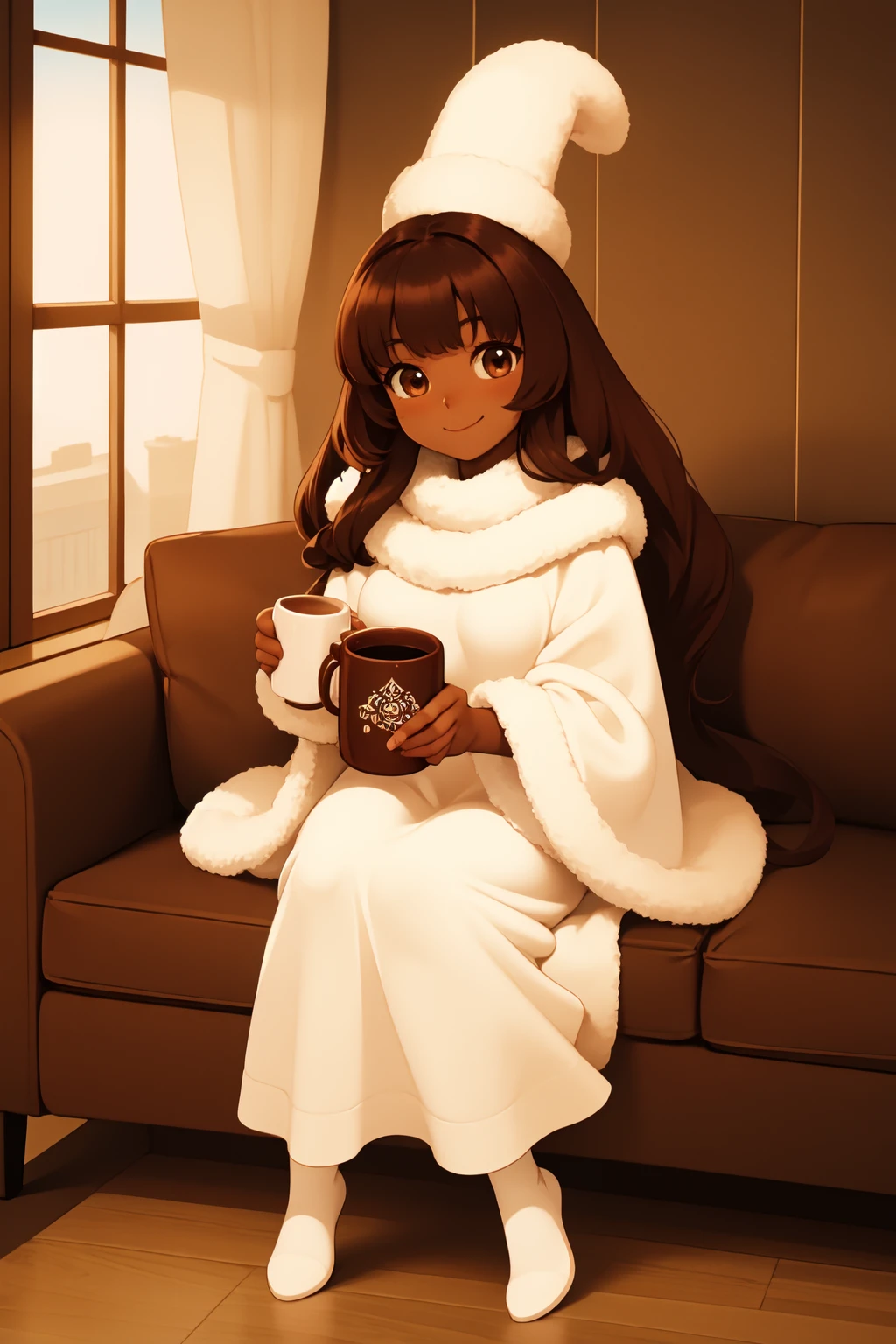 cocoacookie, holding mug of cocoa, smiling, solo, fullbody, detailed background, in a house:1.5, best quality, masterpiece, high resolution, dark skin, 1girl, absurdres <lora:cocoacookie_v1.2:0.8>