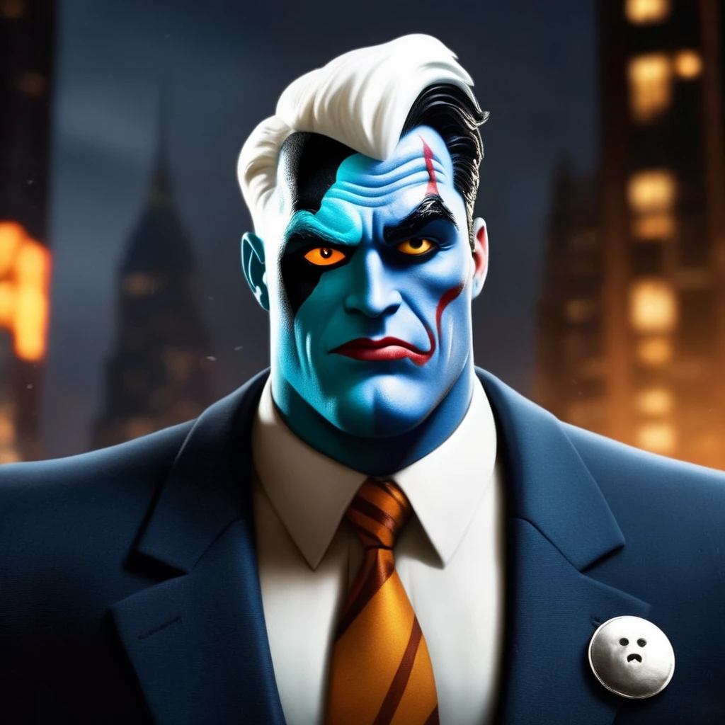 Hyperrealistic art of <lora:Two-Face:1.2>
Two-Face a cartoon character dressed in a suit and tie with a flip coin in Gotham city universe, Extremely high-resolution details, photographic, realism pushed to extreme, fine texture, incredibly lifelike