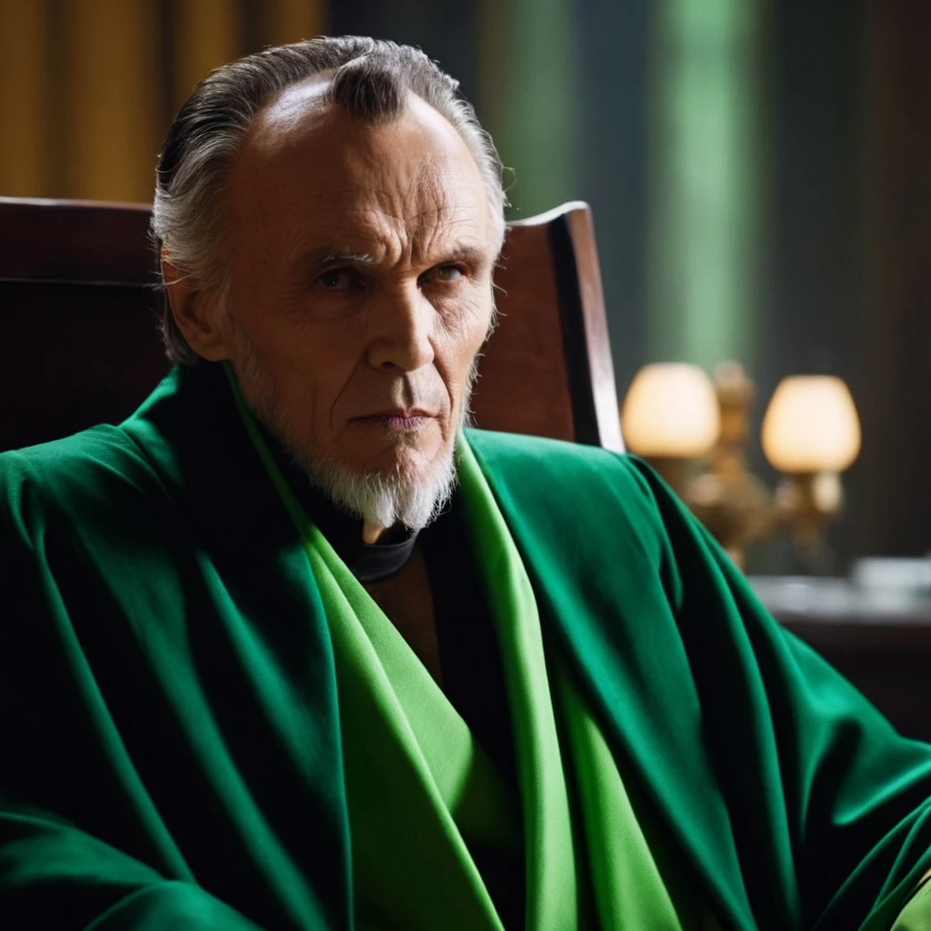 cinematic film still of  <lora:Ra's al Ghul:1.2>
Ra's al Ghul a very old man in a green robe sitting in a chair In Gotham City, shallow depth of field, vignette, highly detailed, high budget, bokeh, cinemascope, moody, epic, gorgeous, film grain, grainy