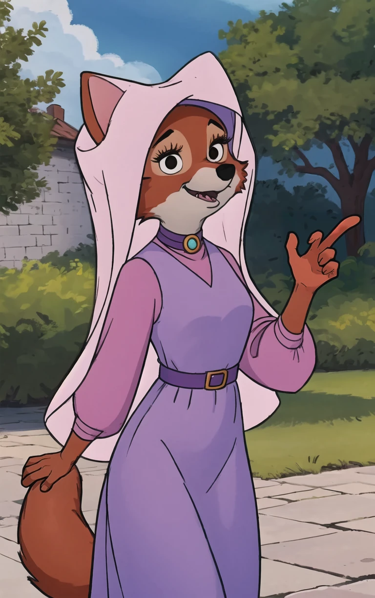 CARTOON_MaidMarian_ownwaifu,
1girl, furry, furry female, animal ears, black eyes, body fur, snout, two-tone fur, orange fur, animal nose, fangs, tail,
dress, long sleeves, purple dress, veil, choker, jewelry, brooch, hood up, long dress, belt, gem, puffy sleeves,
<lora:CARTOON_MaidMarian_ownwaifu:0.9>
((masterpiece)),((best quality)),(highres, absurdres), original, official_art, looking at viewer, solo, focused, outdoors, day, cowboy shot,